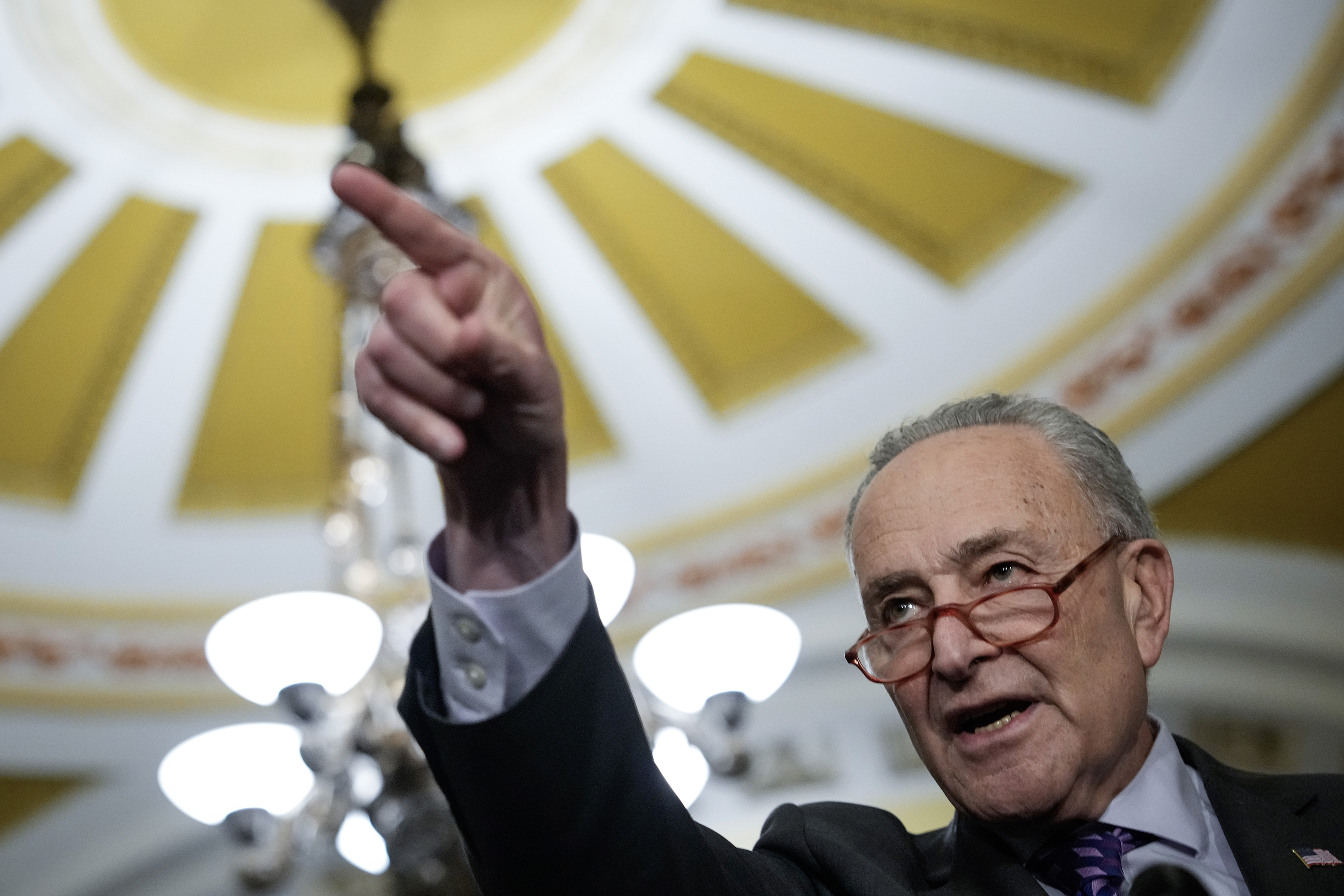 Senate Majority Leader Chuck Schumer (D-NY) speaks during a news conference following a closed-door lunch meeting with Senate Democrats at the U.S. Capitol Nov. 28, 2023, in Washington, D.C. (Drew Angerer/Getty Images/TNS)