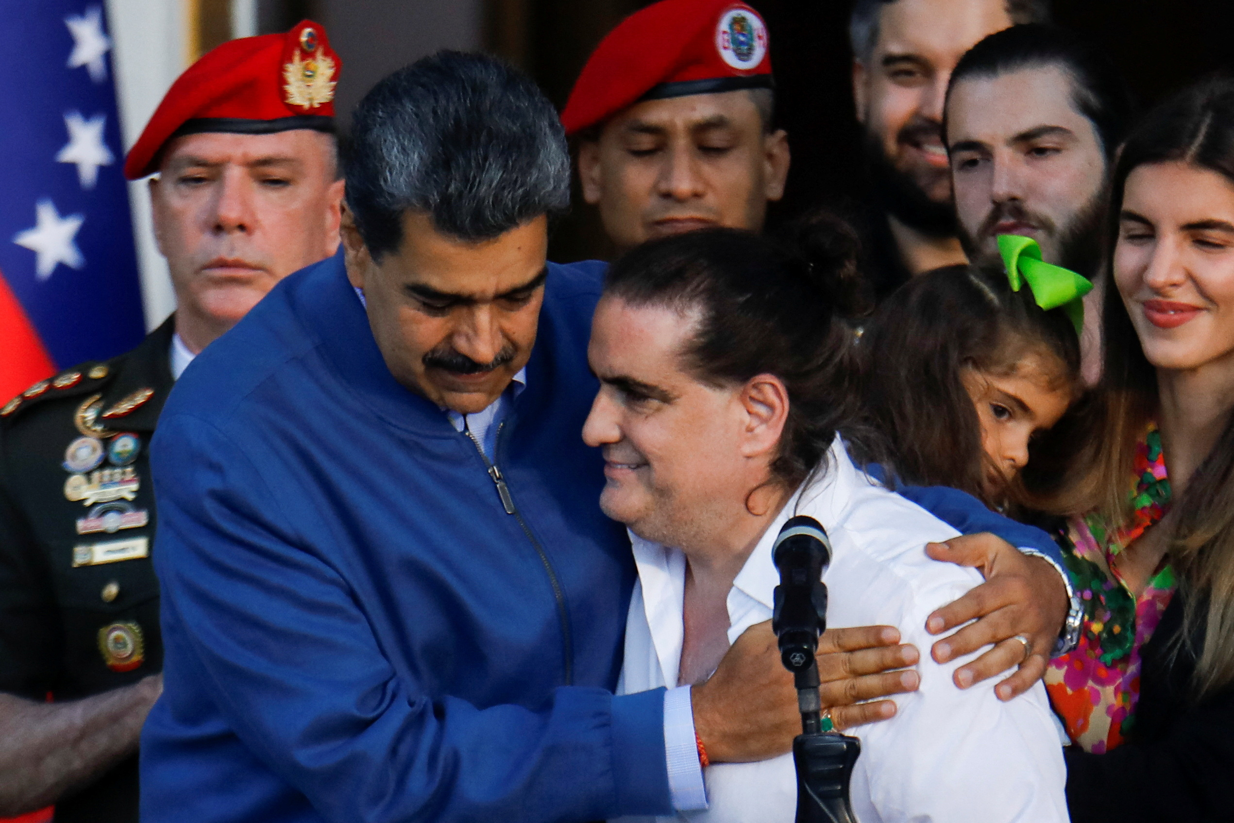 Venezuelan President Nicolas Maduro embraces Alex Saab, who was facing U.S. bribery charges, after he was released by the U.S. government, at the Miraflores Palace, in Caracas, Venezuela, December 20, 2023. 