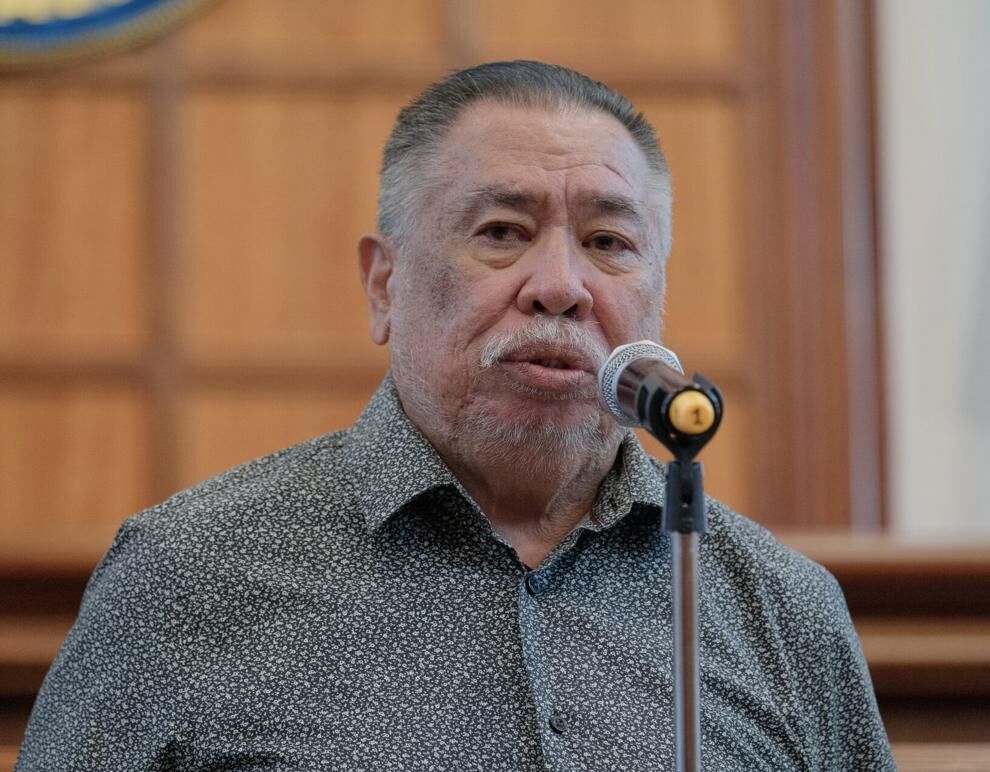 Angel Sablan, Mayors' Council of Guam executive director, becomes emotional during his retirement speech at the Guam Congress Building in Hagåtña on Wednesday, Nov. 22, 2023.