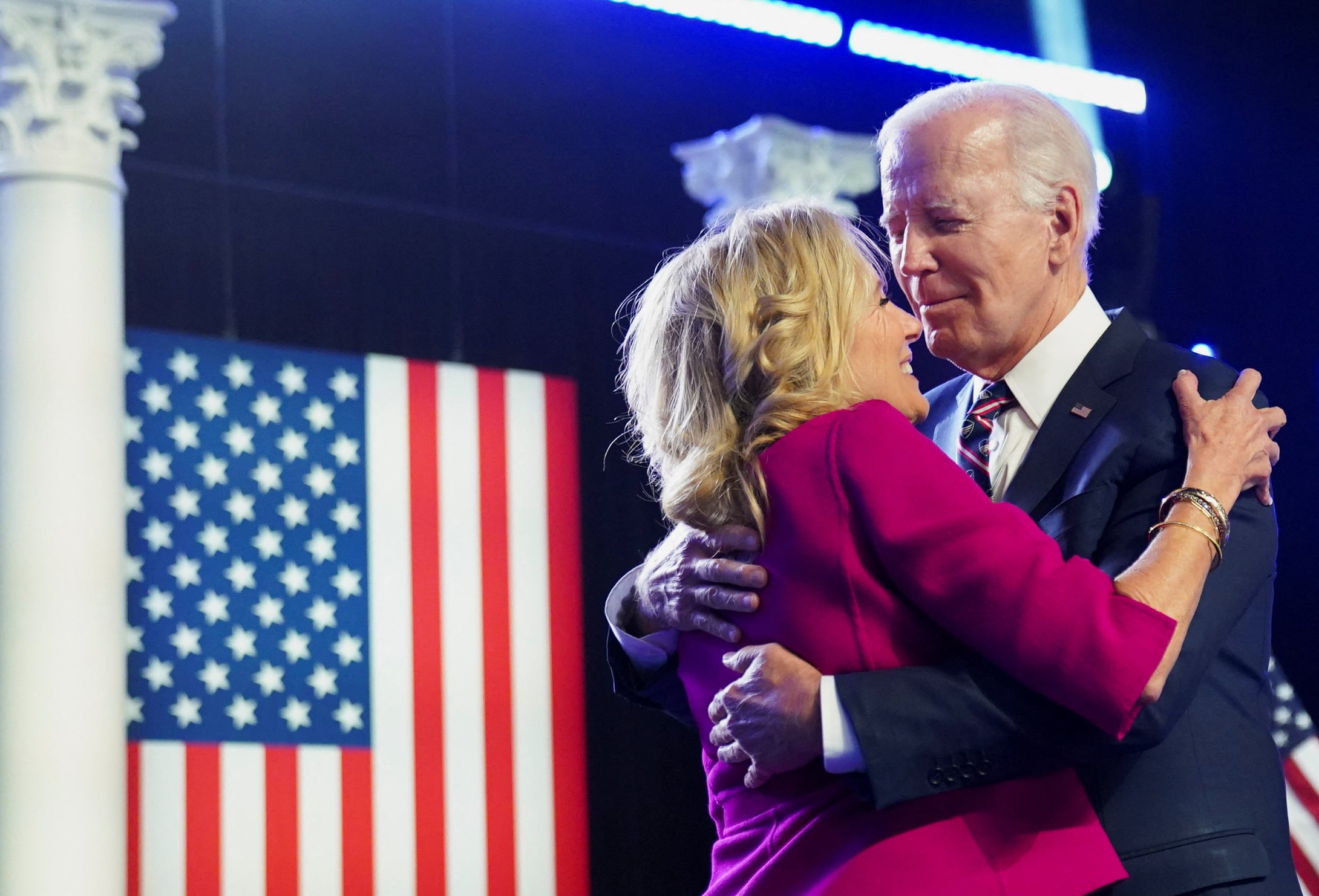 U.S. President Joe Biden and U.S. first lady Jill Biden embrace during a campaign event at Montgomery County Community College, in Blue Bell, near Valley Forge, Pennsylvania, U.S., January 5, 2024. 