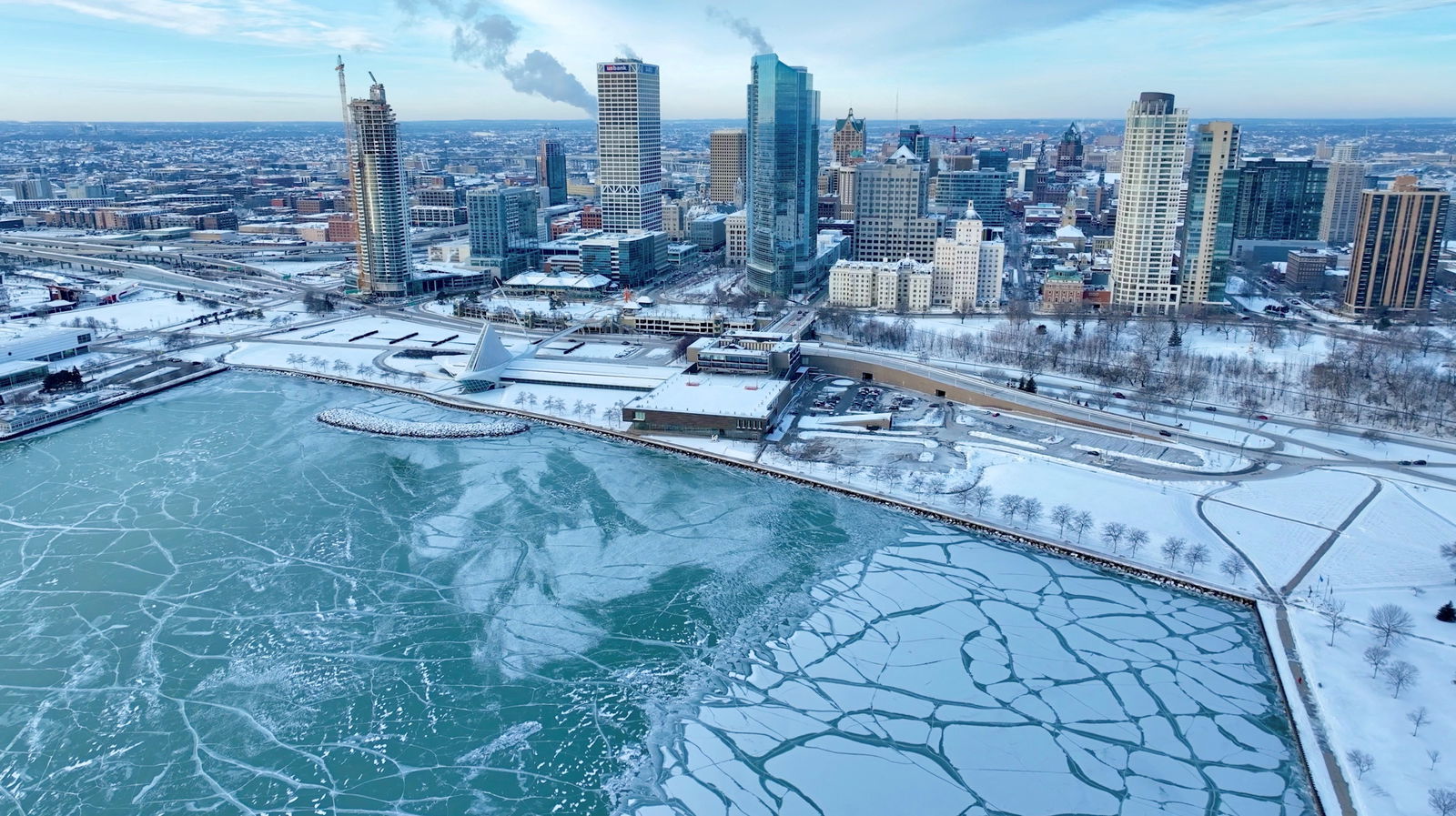 An aerial view of the downtown covered in snow, in Milwaukee, Wisconsin, U.S., January 18, 2024, in this picture obtained from a social media video. 