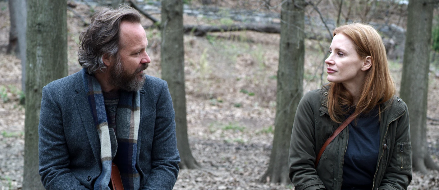 Peter Sarsgaard, left, and Jessica Chastain in a scene from “Memory.”