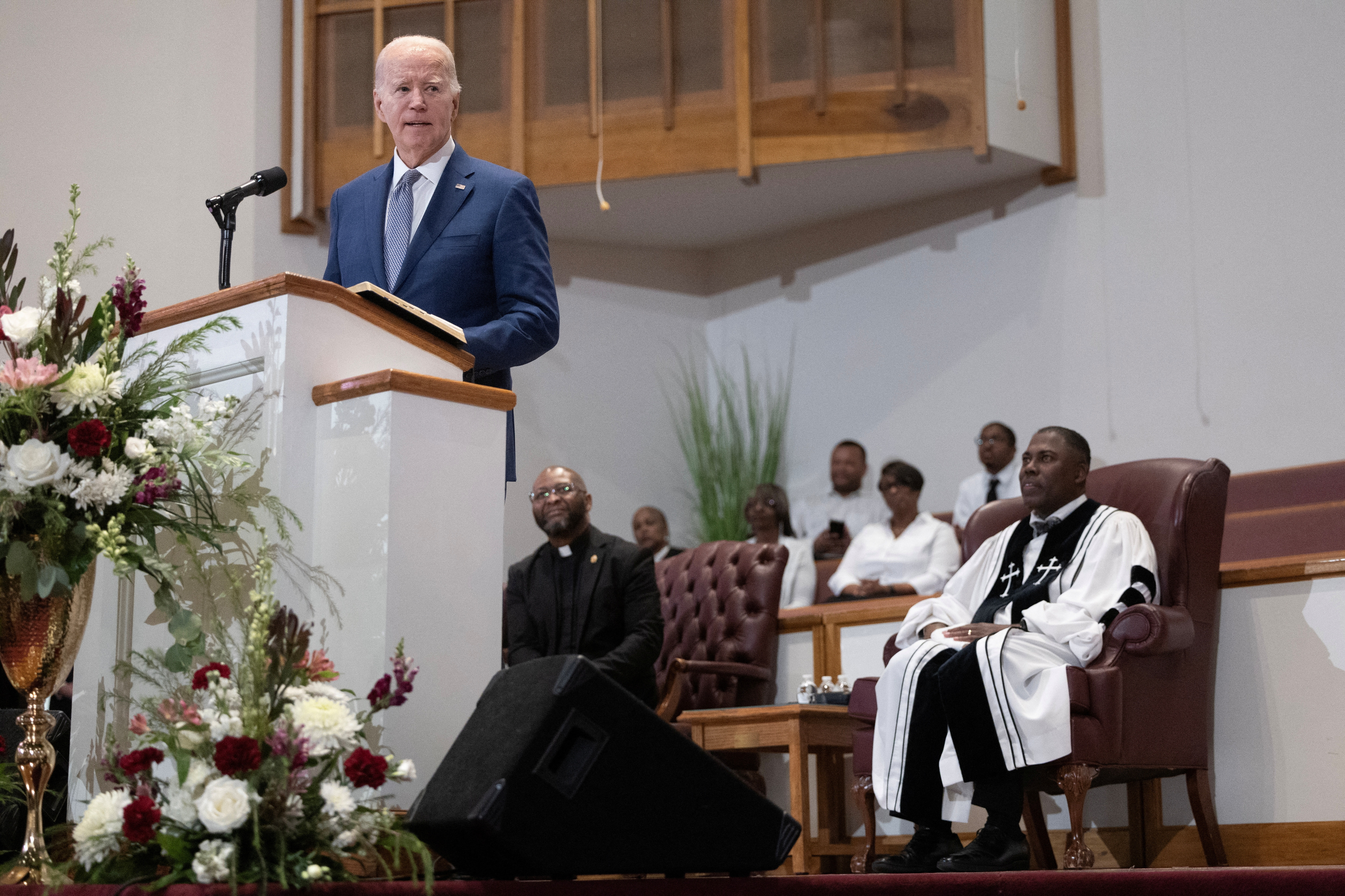 U.S. President Joe Biden speaks during a church service at Saint John Baptist Church in West Columbia, South Carolina, U.S., January 28, 2024. 
