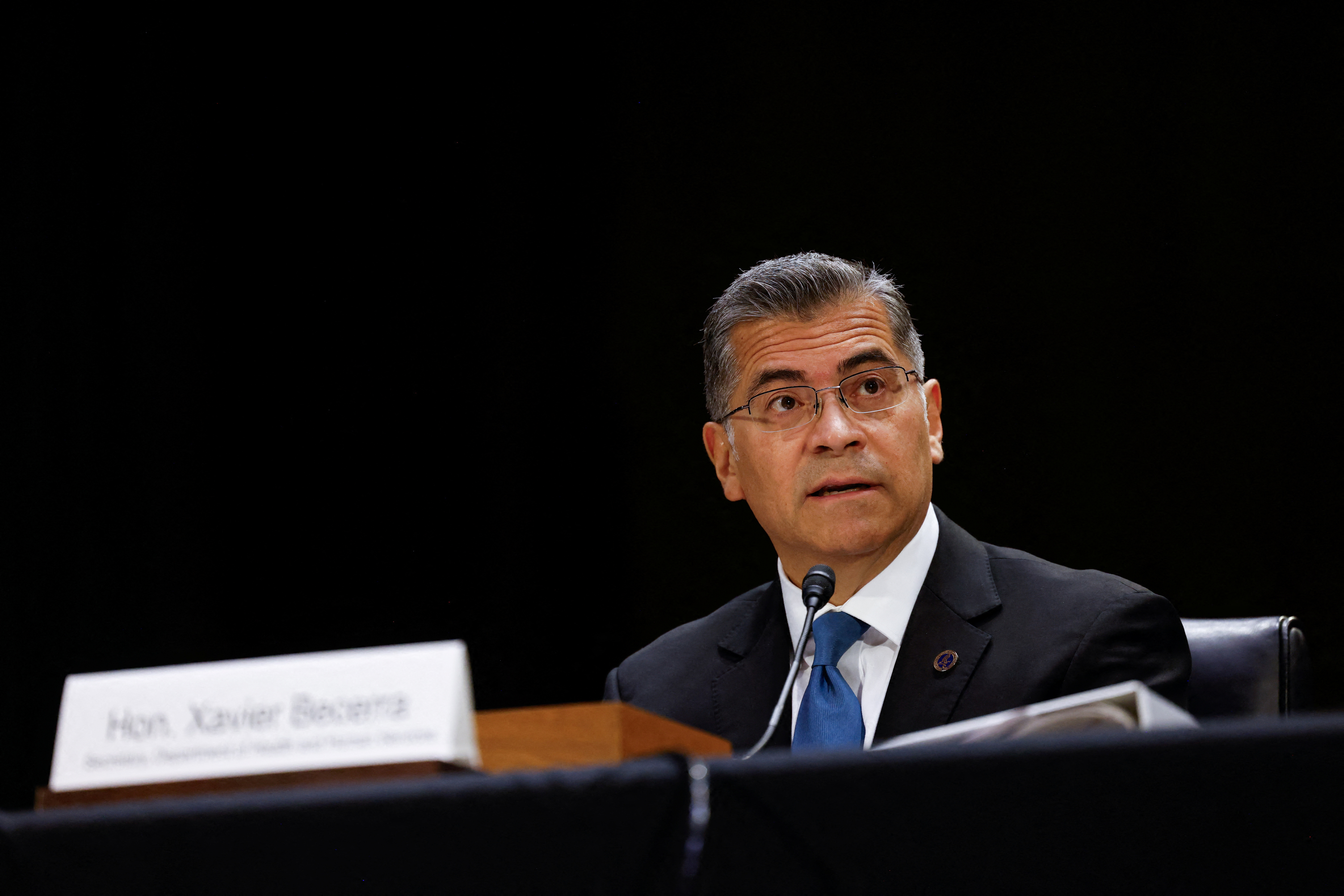 U.S. Secretary of Health and Human Services Xavier Becerra testifies before the Senate Appropriations committee as lawmakers in the U.S. Congress struggle to reach a deal to head off a looming partial government shutdown less than two weeks away on Capitol Hill in Washington, U.S., November 8, 2023. 