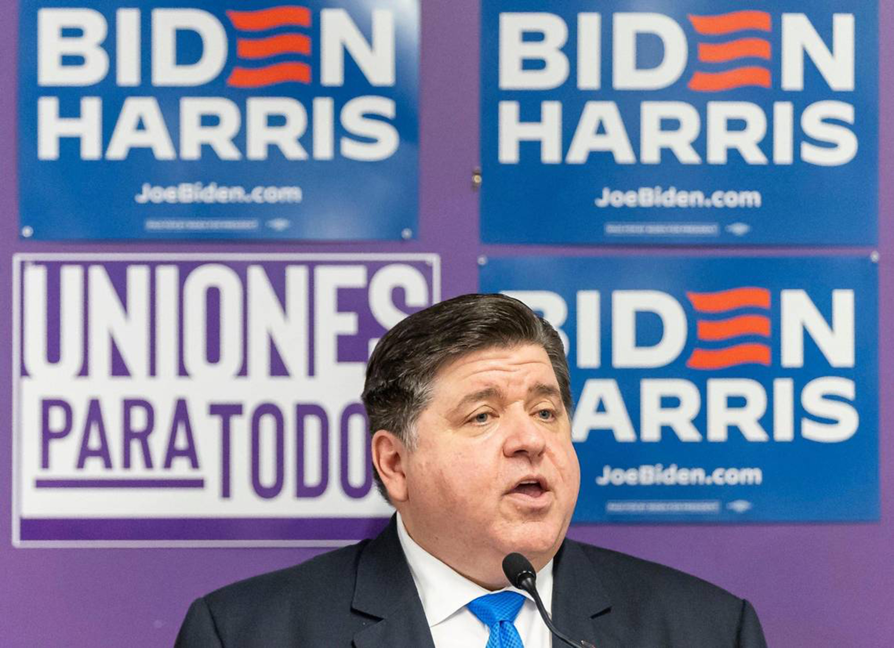 Illinois Gov. J.B. Pritzker speaks during a press conference at the SEIU 1991 on Tuesday, Nov. 7, 2023, in Miami. 