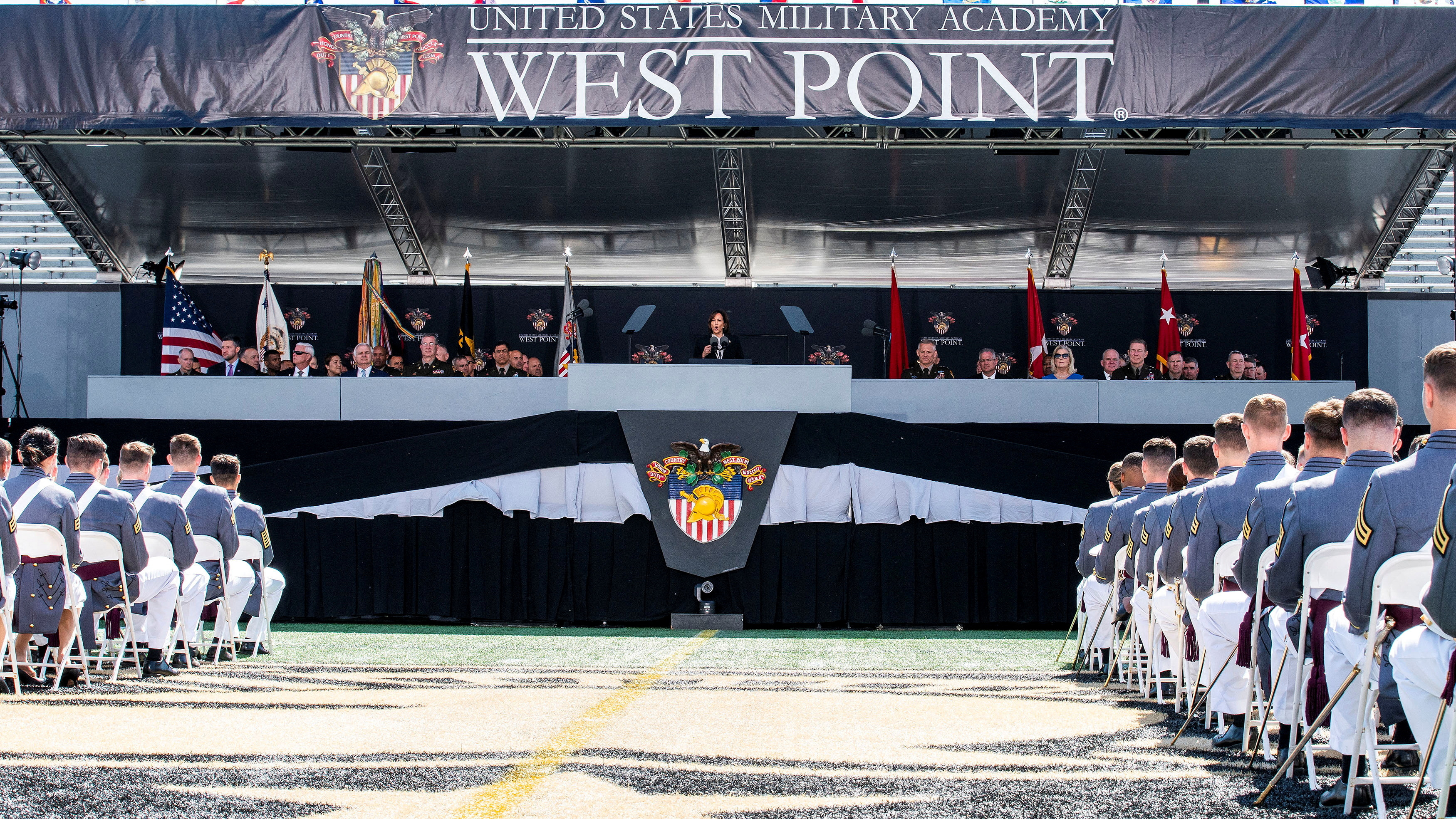 U.S. Vice President Kamala Harris speaks during the 2023 graduation ceremony at the United States Military Academy (USMA), at Michie Stadium in West Point, New York, U.S., May 27, 2023. 