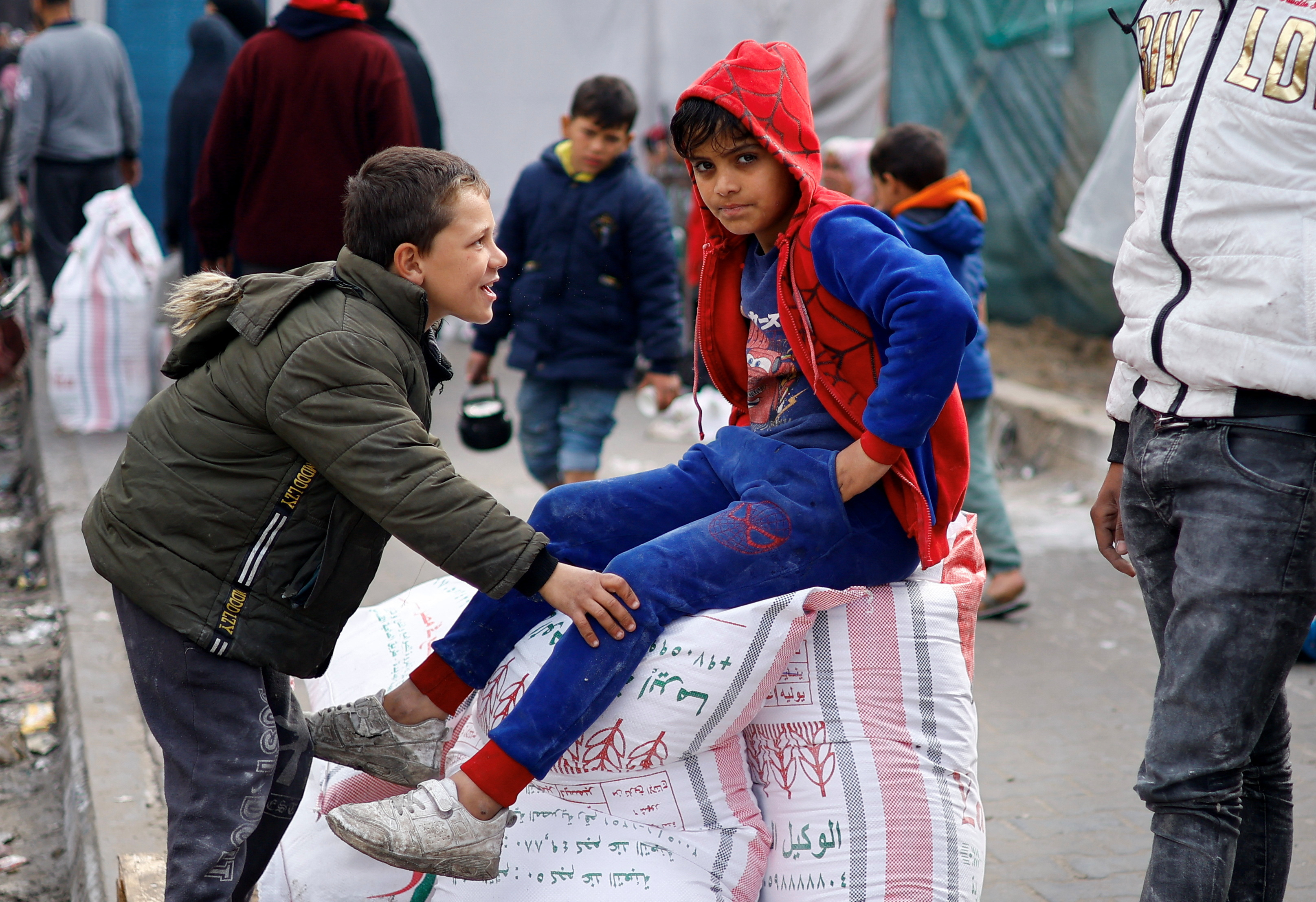 A Palestinian boy sits on bags of flour distributed by the United Nations Relief and Works Agency (UNRWA), amid the ongoing conflict between Israel and Hamas, in Rafah in the southern Gaza Strip January 29, 2024. 