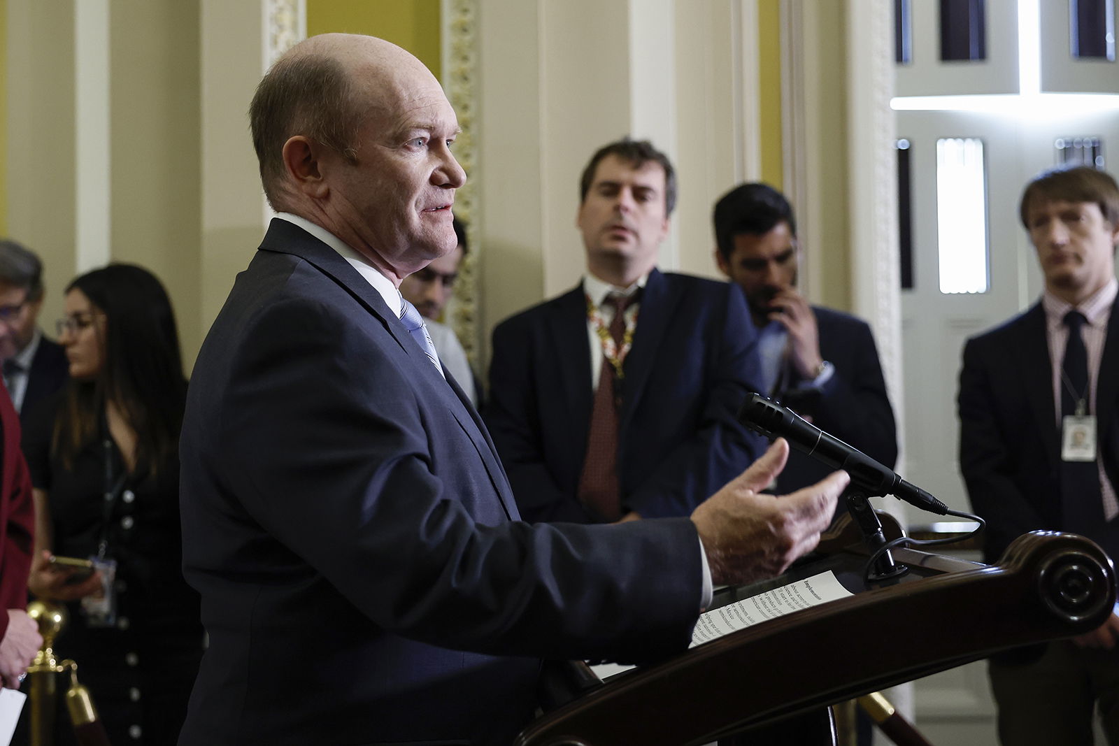 Sen. Chris Coons, D-Del., speaks to reporters after a weekly policy luncheon with Senate Democrats at the U.S. Capitol Building on June 7, 2023, in Washington, D.C. 