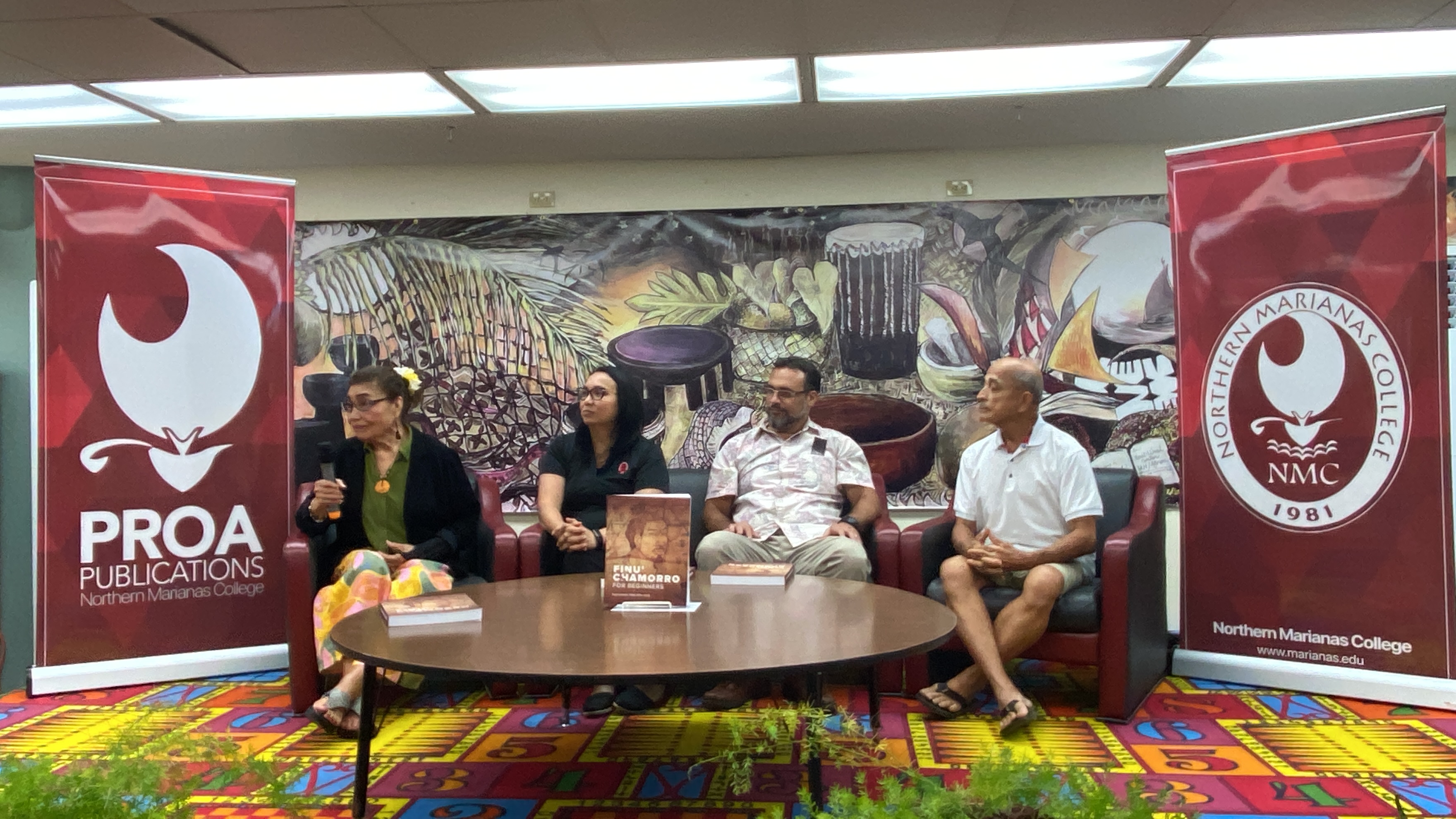 Dr. Faye Untalan, left, with Dr. Barbara Hunter, interim director of Northern Marianas College’s School of Business and a former student of Dr. Untalan at UH Manoa, Leo Pangelinan, executive director of the Northern Marianas Humanities Council, and Manny Borja, a recognized Chamorro language expert from the CNMI.
