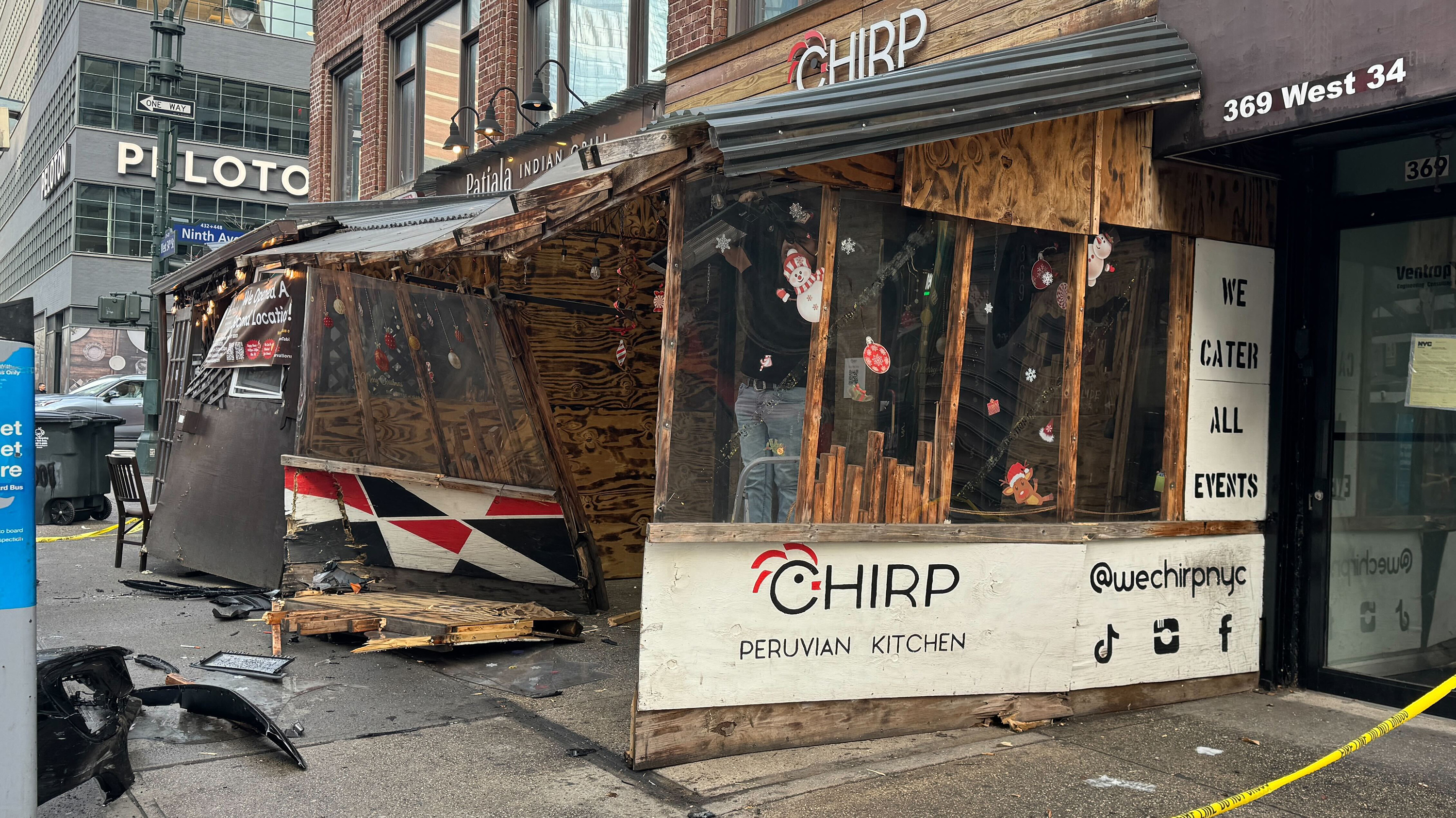 Scene of chaos where nine people were injured following a crash that left one woman pinned beneath a food truck, W. 33rd St. and Seventh Ave. in New York City.