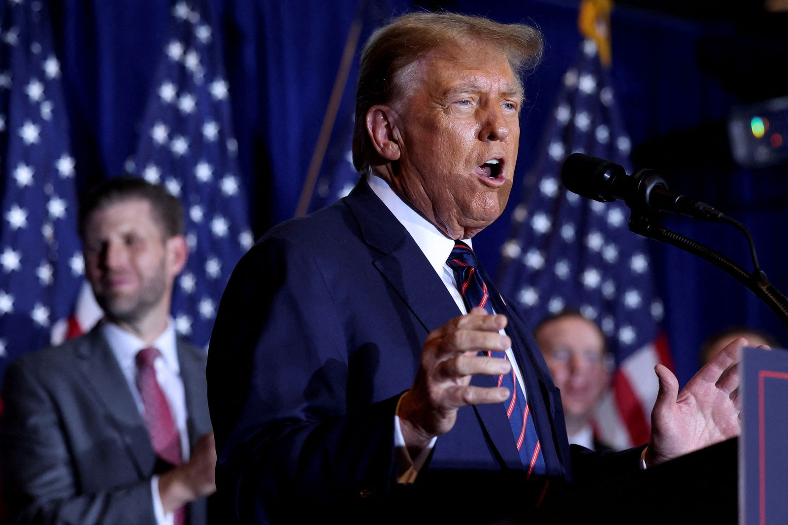 Donald Trump speaks during his New Hampshire presidential primary election night watch party, in Nashua, New Hampshire, U.S., January 23, 2024. 