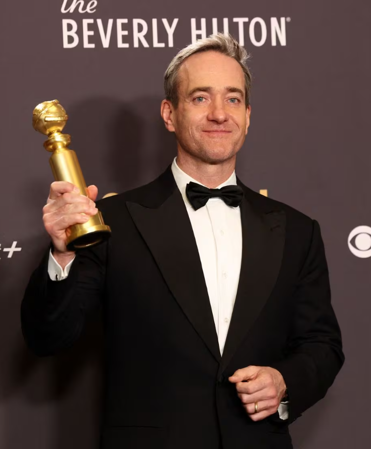Matthew Macfadyen poses with the award for Best Television Series - Drama, for "Succession" at the 81st Annual Golden Globe Awards in Beverly Hills, California, Jan. 7, 2024.