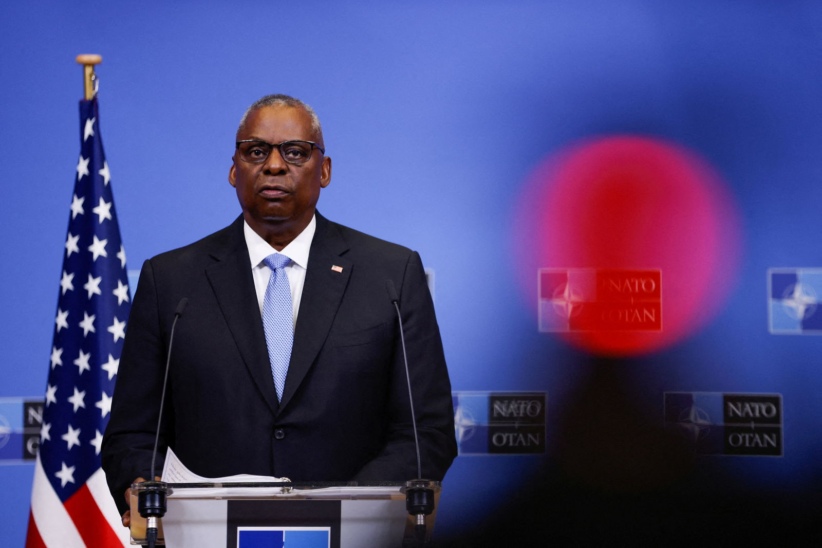U.S. Defence Secretary Lloyd Austin speaks to the media during a NATO Defence Ministers' meeting at the Alliance's headquarters in Brussels, Belgium October 12, 2023. 