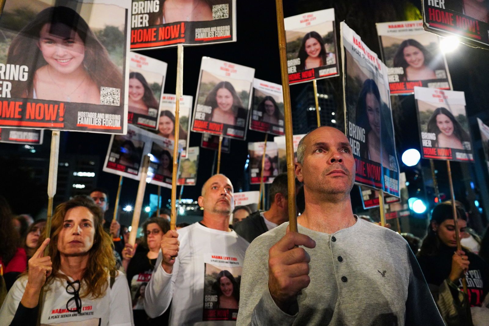 Families of hostages and supporters protest to call for the release of hostages kidnapped on the deadly October 7 attack by Palestinian Islamist group Hamas, in Tel Aviv, Israel, January 20, 2024. 