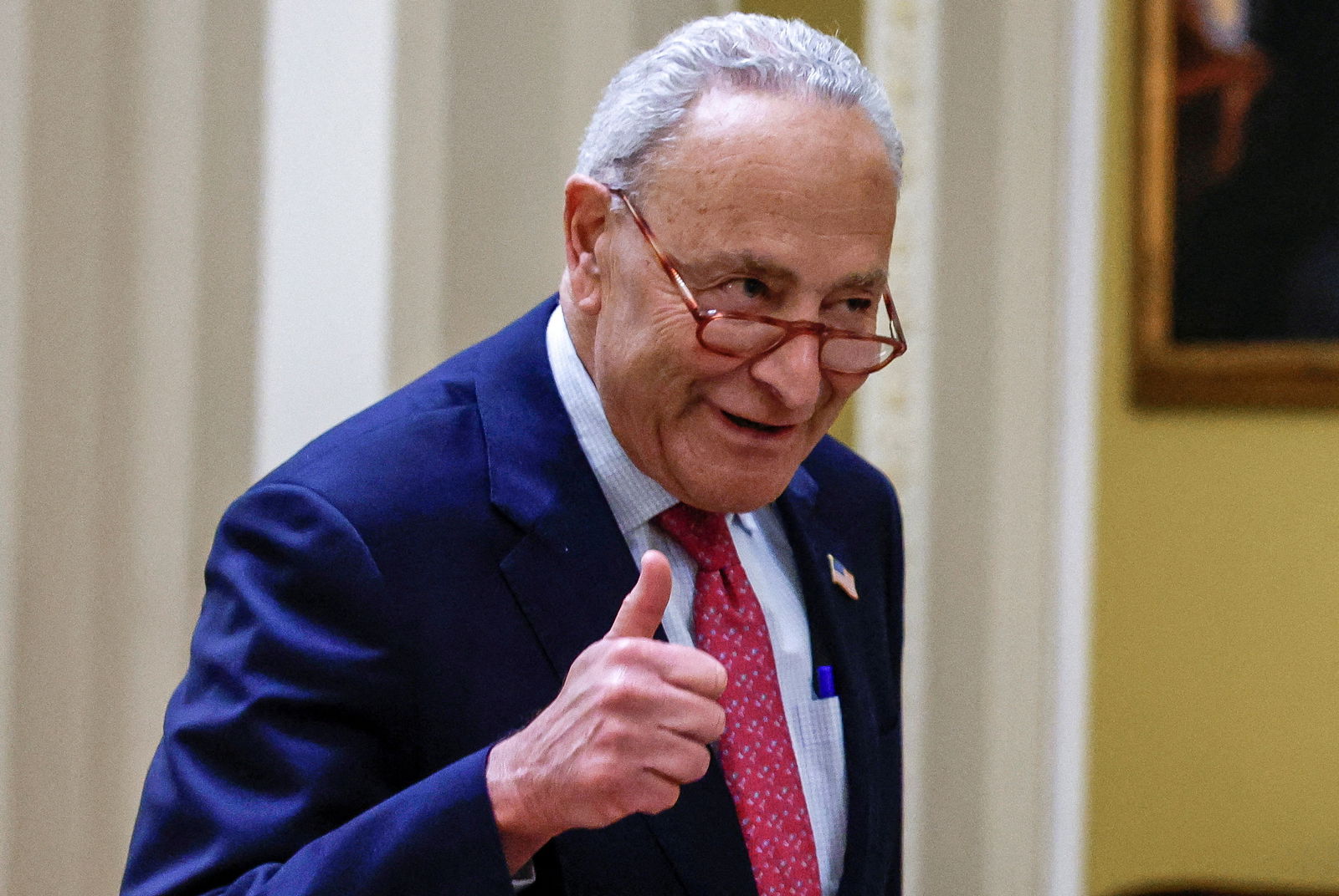U.S. Senate Majority Leader Chuck Schumer (D-NY) gives a thumbs up after passing bipartisan legislation that lifts the debt ceiling, averting what would have been a first-ever default, on Capitol Hill in Washington, U.S., June 1, 2023. 
