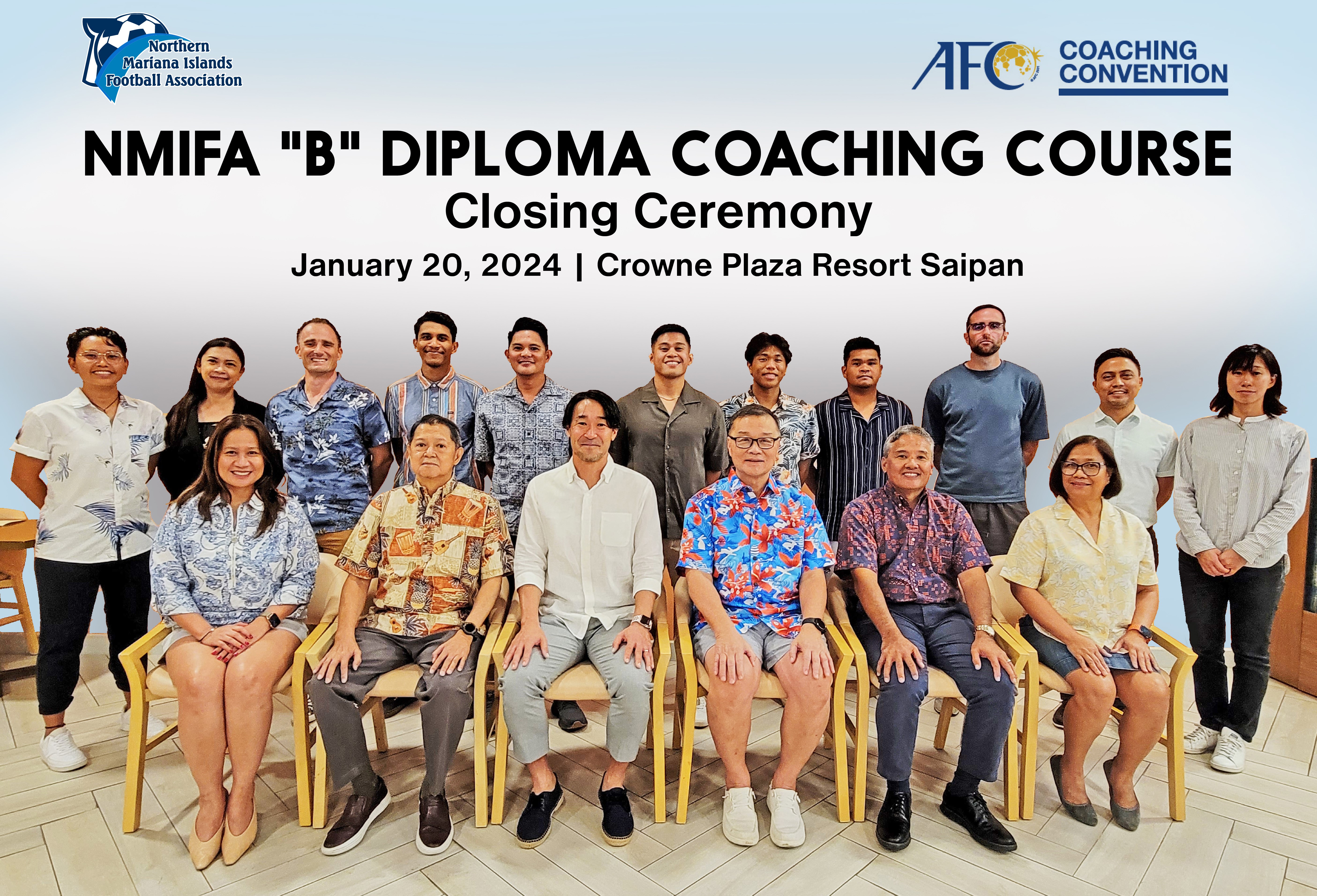 Seven soccer coaches, backrow, join NMI Football Association officials for a group photo during the closing ceremony of the NMIFA "B" Diploma Coaching Course at Crowne Plaza Resort Saipan on Saturday.