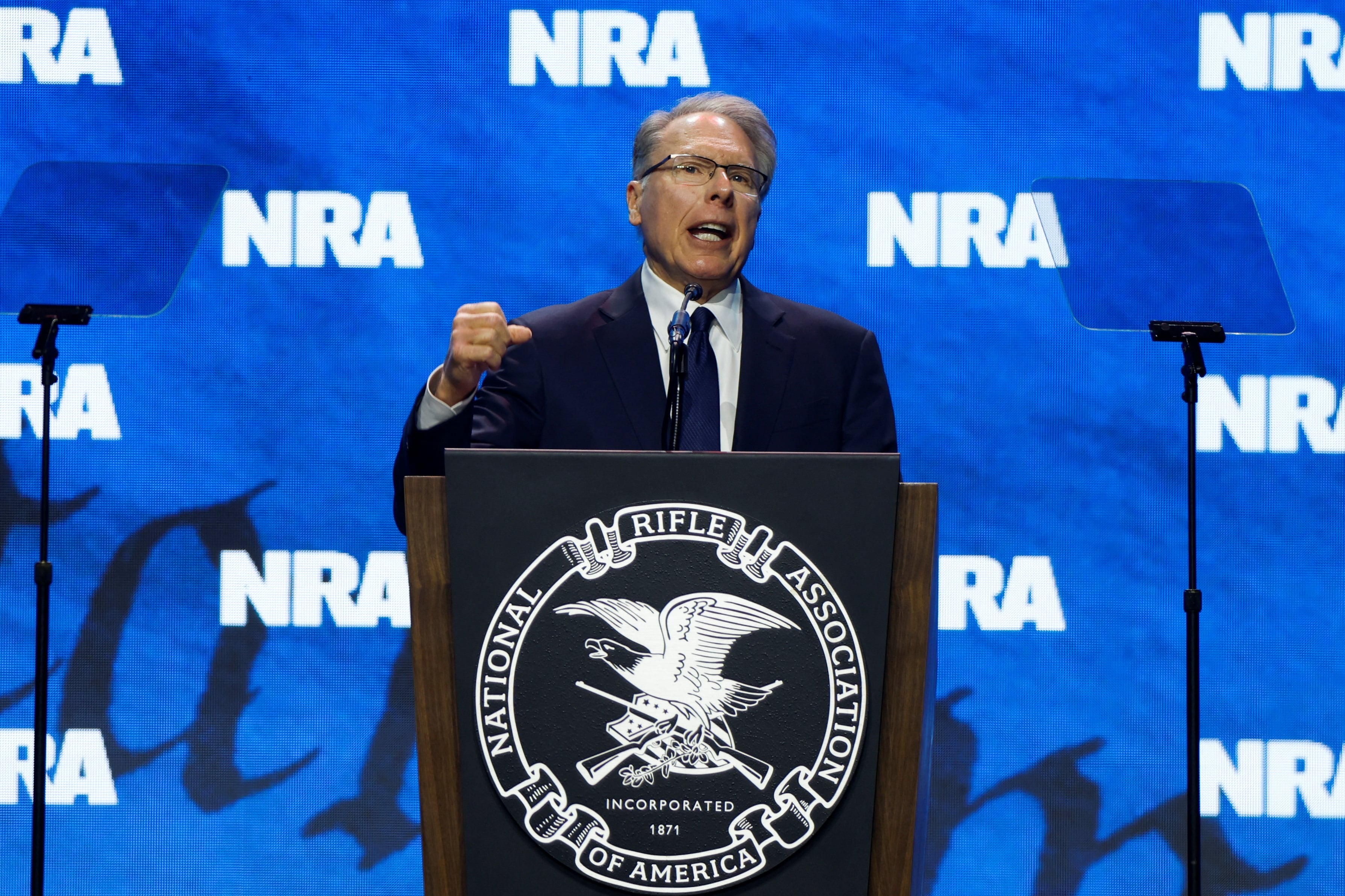NRA Executive Vice President and CEO Wayne LaPierre speaks at the National Rifle Association (NRA) annual convention in Indianapolis, Indiana, U.S., April 14, 2023. 