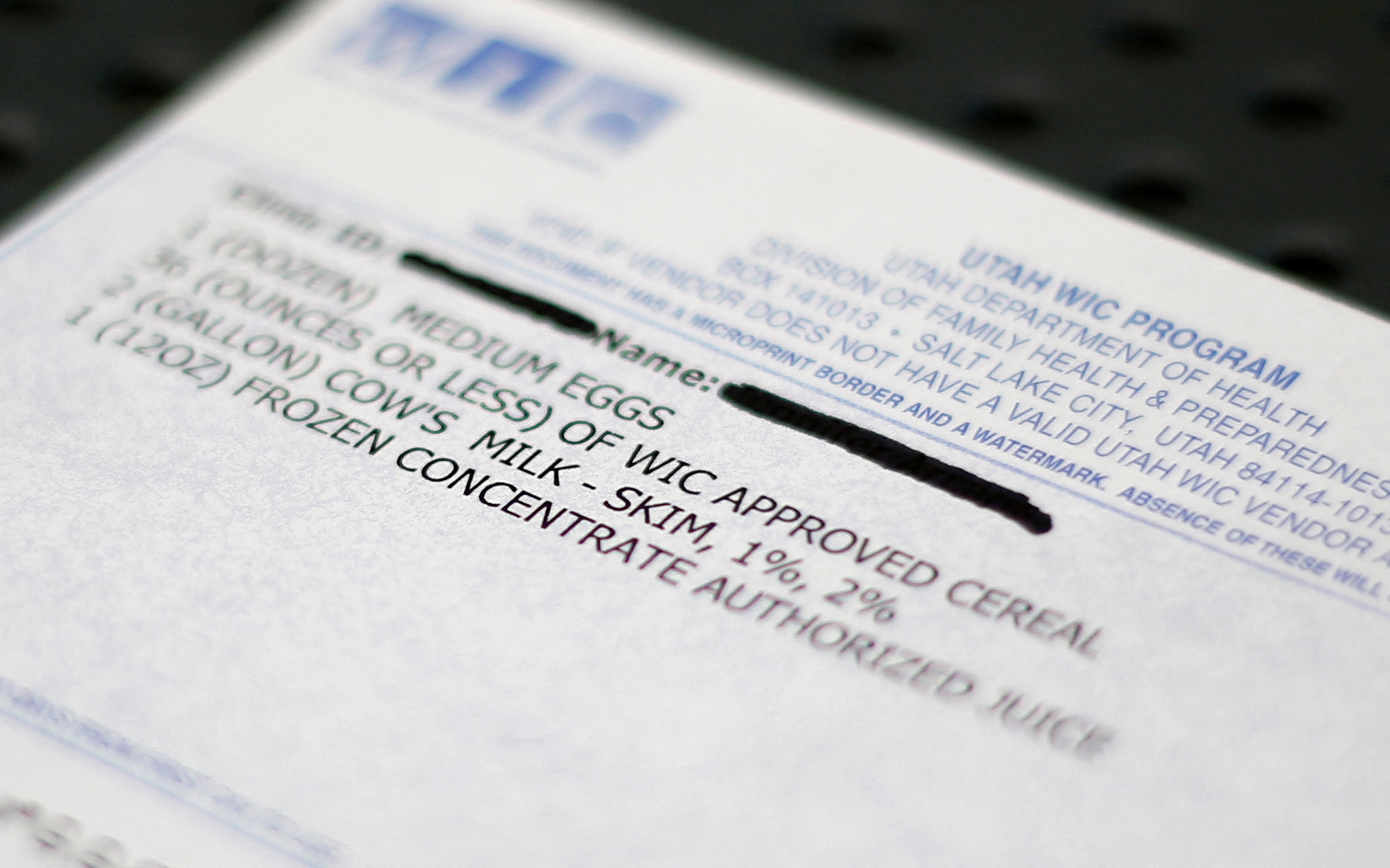 A WIC voucher for food at the Women, Infants and Children (WIC) offices is seen at a Salt Lake County health clinic in South Salt Lake City, Utah, October 2, 2013. 