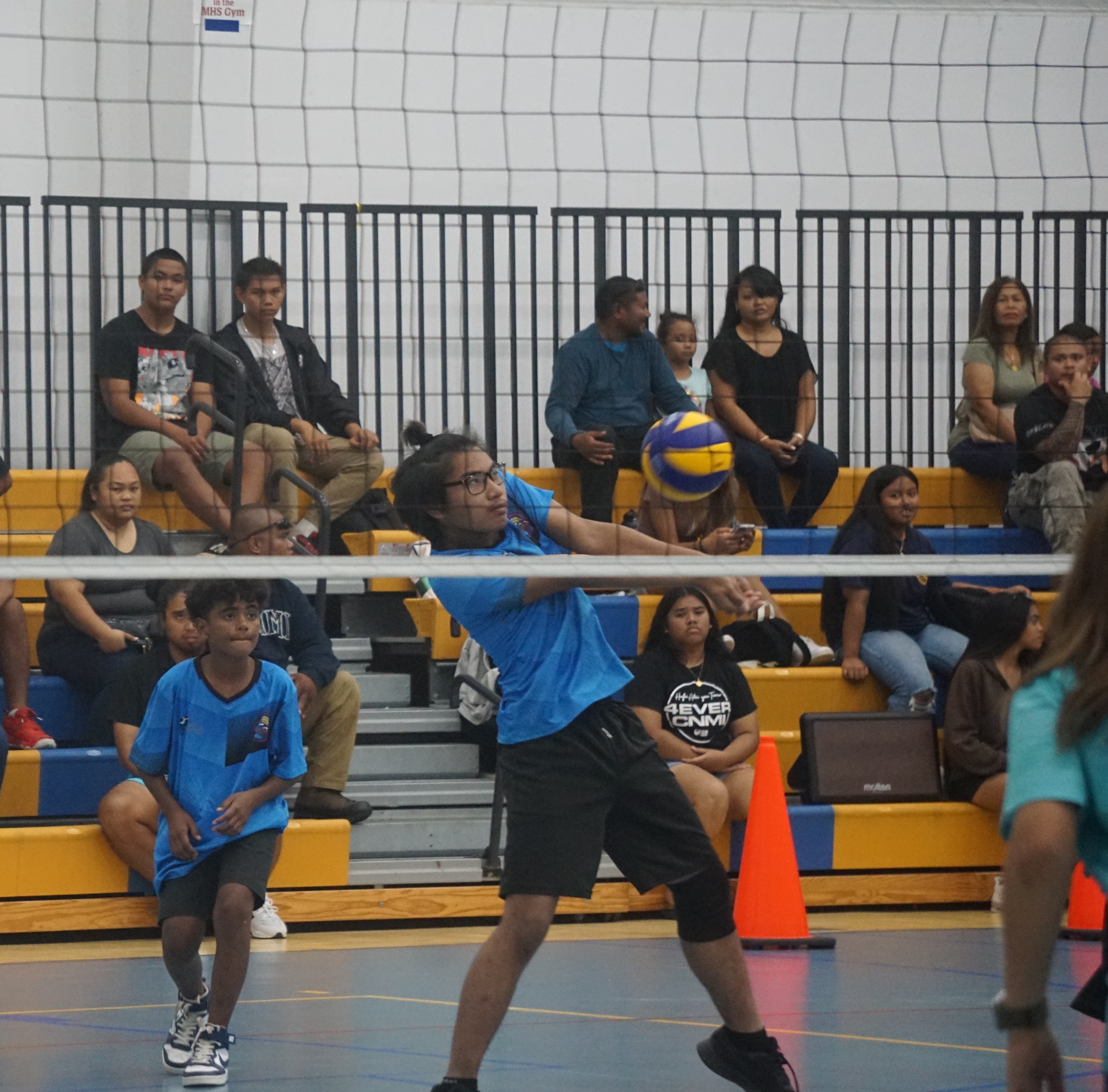 A Francisco M. Sablan Middle School II player connects the bump return during a boys middle school division game of the NMIVA-PSS Interscholastic Volleyball League SY23-24 at the Marianas High School gym on Thursday.