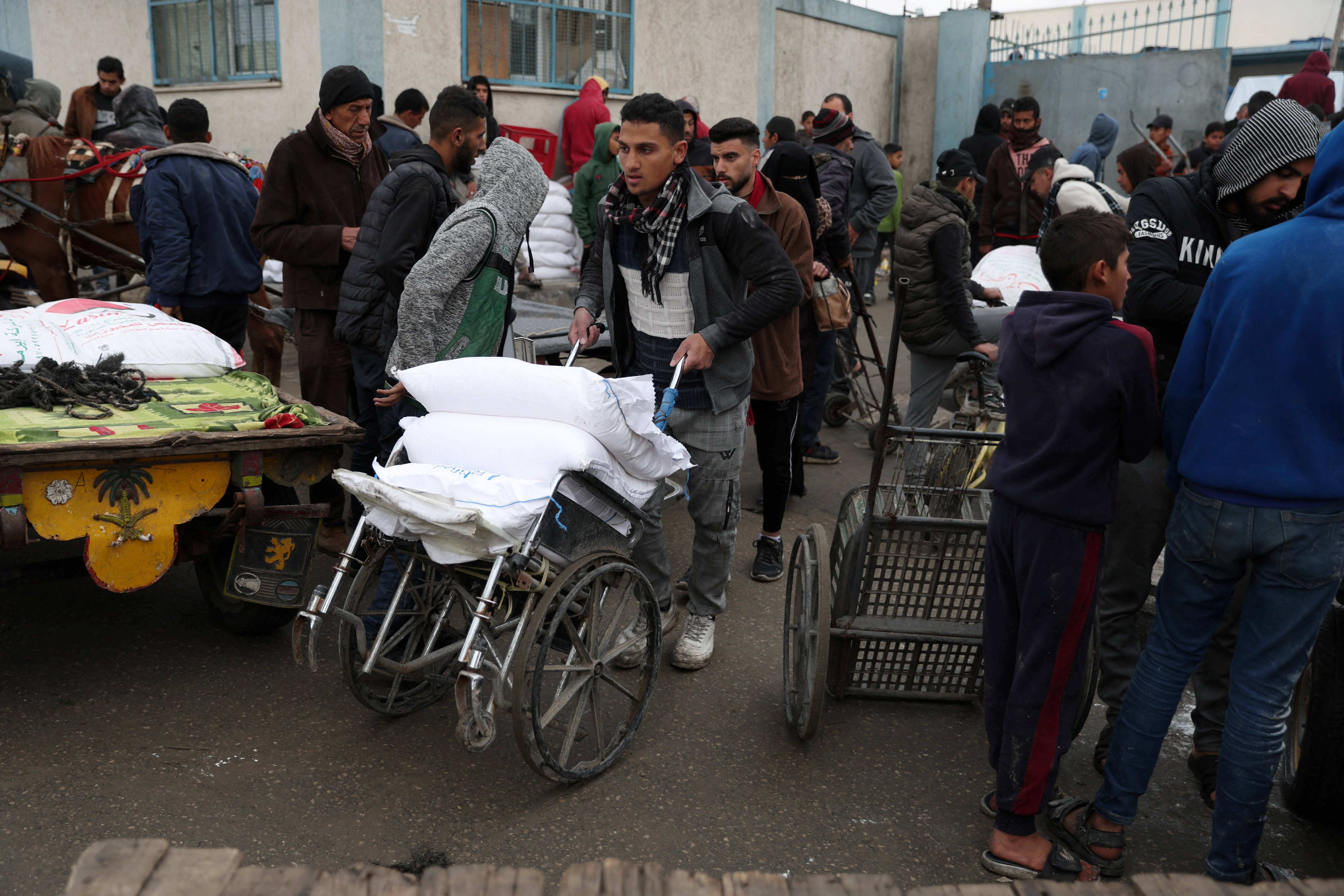 A Palestinian man uses a wheelchair to transport bags of flour distributed by the United Nations Relief and Works Agency (UNRWA), amid the ongoing conflict between Israel and Hamas, in Rafah in the southern Gaza Strip January 29, 2024. 