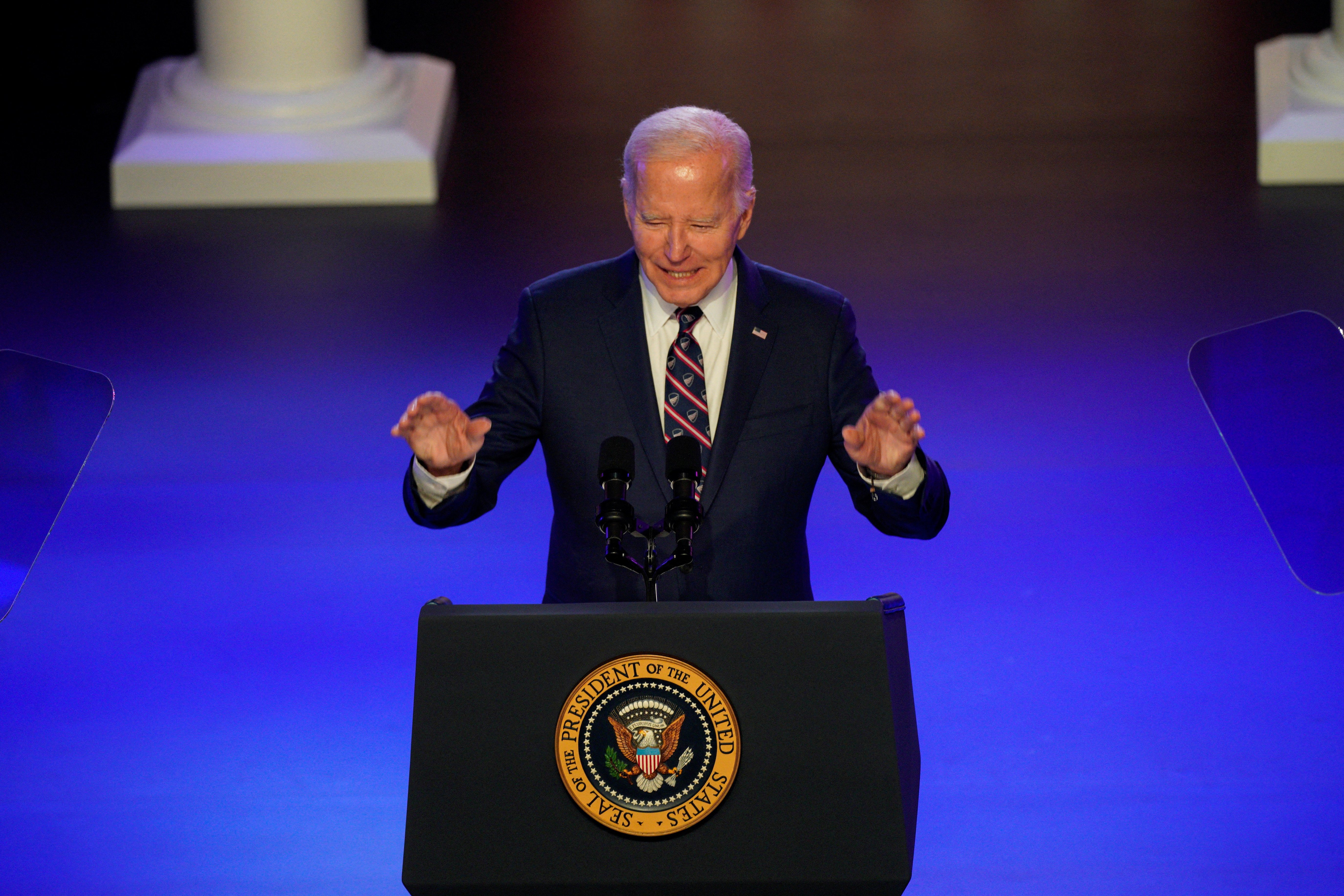 U.S. President Joe Biden delivers a speech to mark the third anniversary of the January 6, 2021 attack on the U.S. Capitol at a campaign event at Montgomery County Community College, in Blue Bell, near Valley Forge, Pennsylvania, U.S., January 5, 2024. 