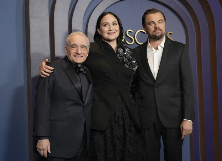 Martin Scorsese, from left, Lily Gladstone, and Leonardo DiCaprio arrive at the Governors Awards on Tuesday, Jan. 9, 2024, at the Dolby Ballroom in Los Angeles.