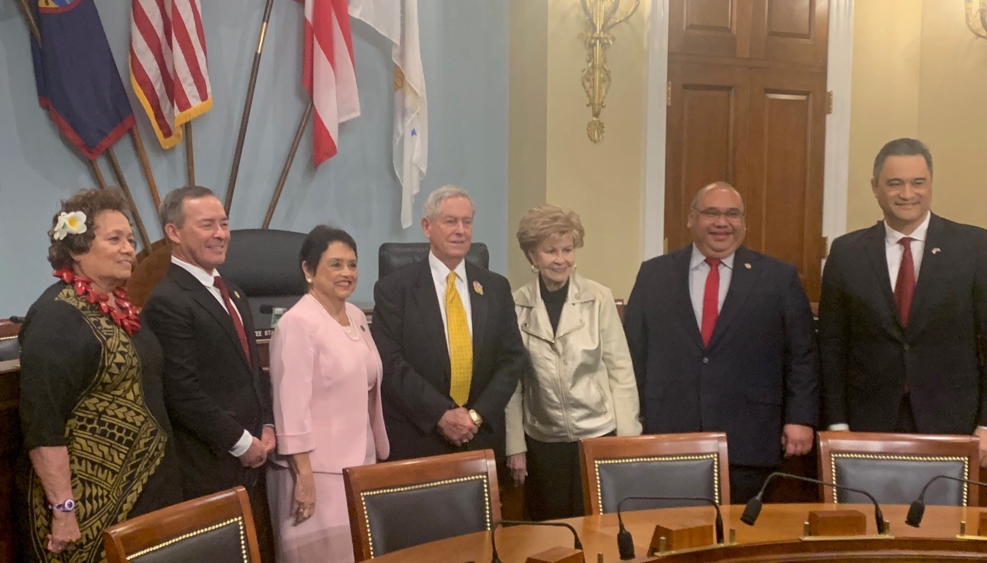 From left, Congresswoman Amata, Congressman James Moylan, Guam Gov. Lou Leon Guerrero, Congressman Joe Wilson, former Congresswoman Madeleine Bordallo, Mayor Jesse Alig of Piti, Guam and American Samoa Lt. Gov. Talauega Ale.