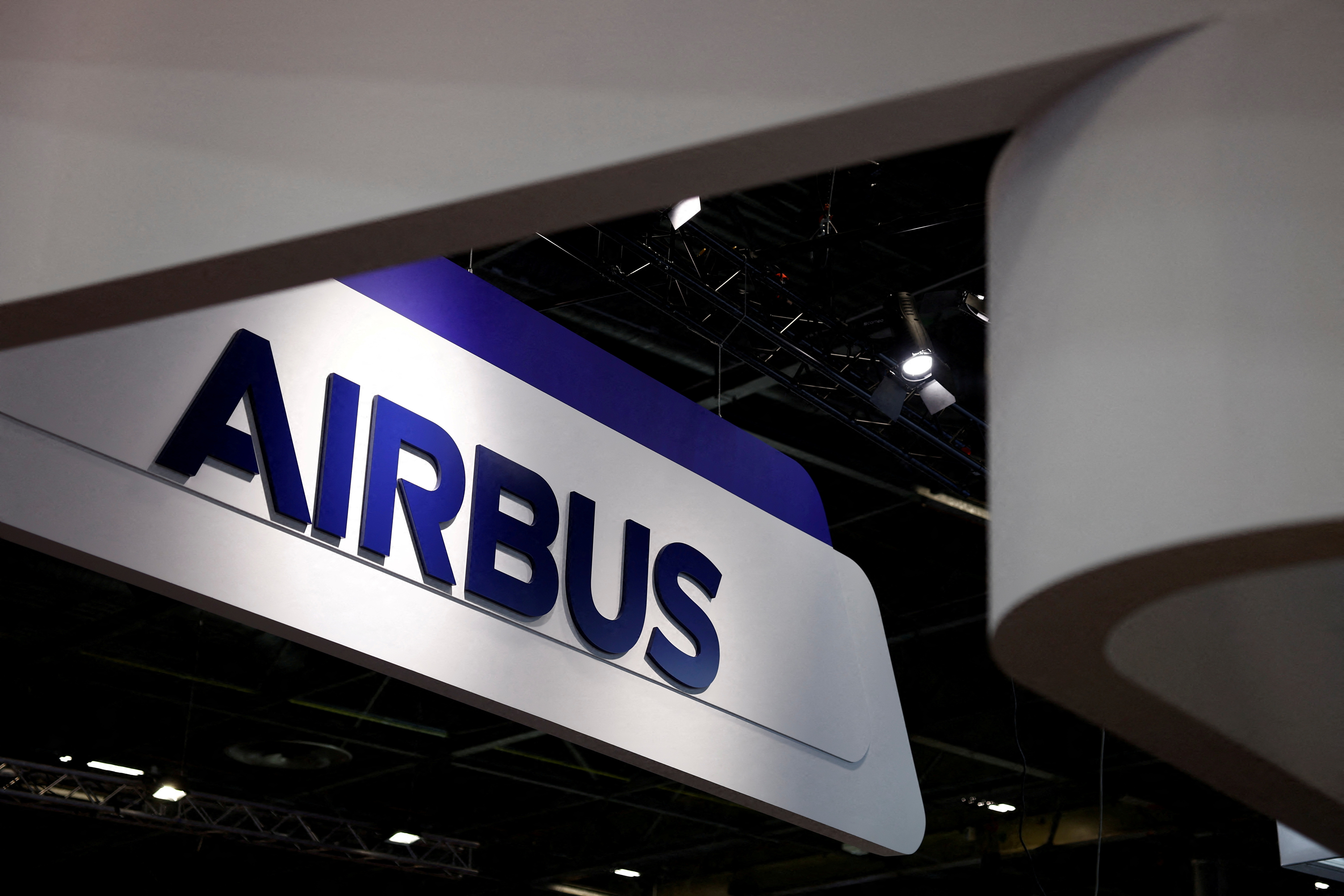 The logo of Airbus is seen at the Milipol Paris, the worldwide exhibition dedicated to homeland security and safety, in Villepinte near Paris, France, November 15, 2023. 