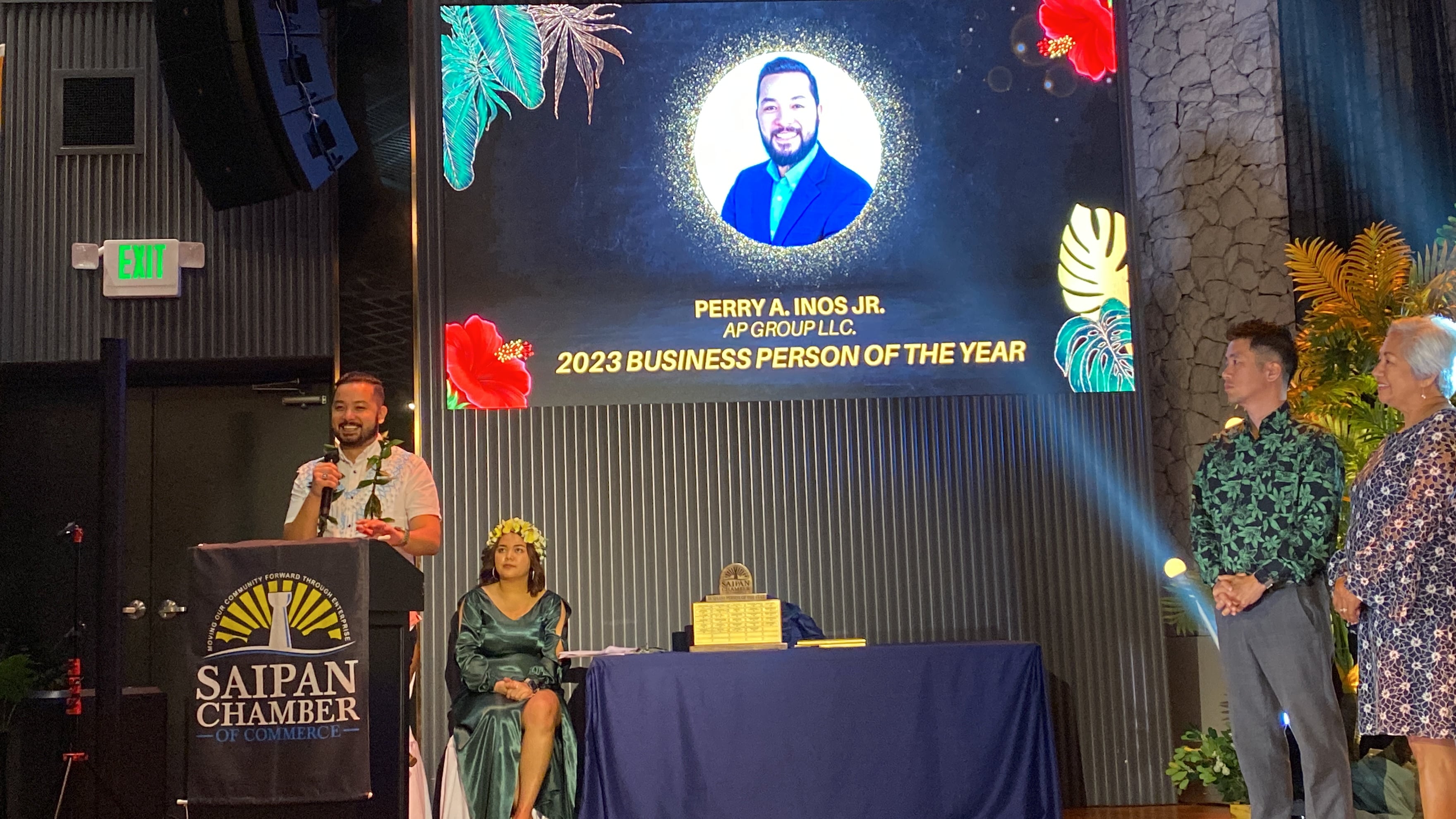Perry Inos Jr. delivers his address before fellow members of the Saipan Chamber of Commerce.