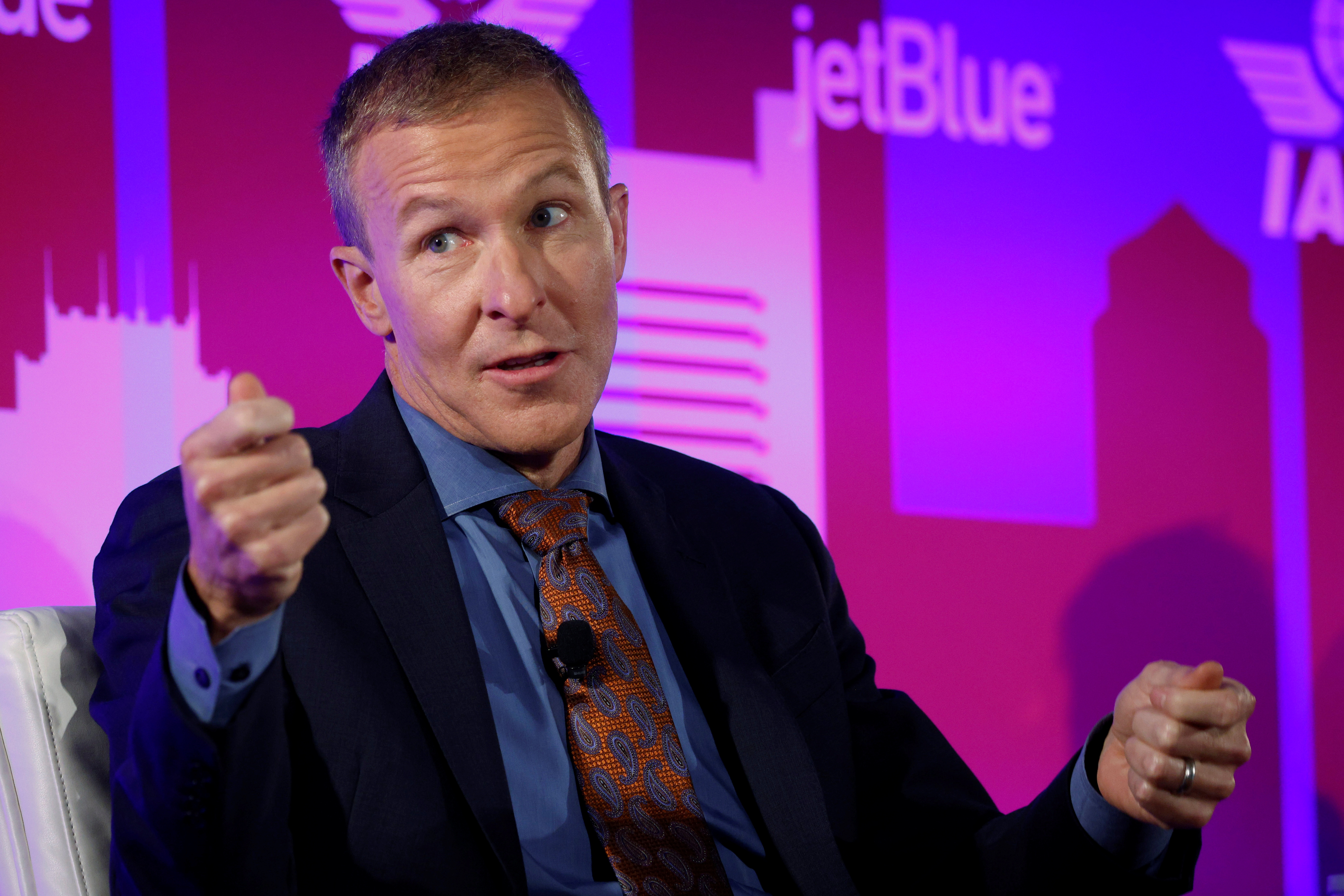 United Airlines CEO Scott Kirby takes part in a panel discussion at the International Air Transport Association's (IATA) Annual General Meeting in Boston, Massachusetts, U.S., October 4, 2021. 