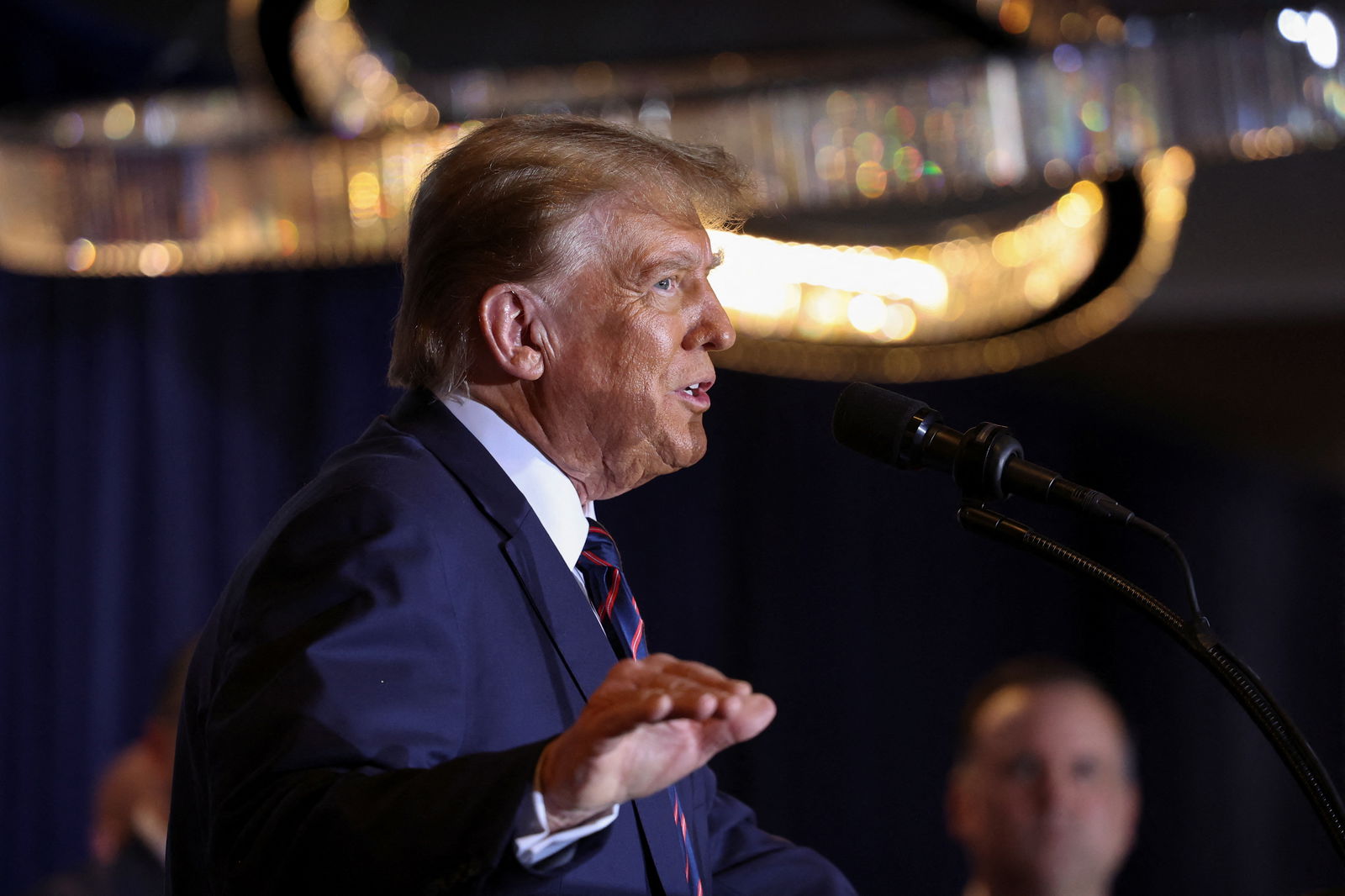 Republican presidential candidate and former U.S. President Donald Trump speaks during his New Hampshire presidential primary election night watch party, in Nashua, New Hampshire, U.S., January 23, 2024. 