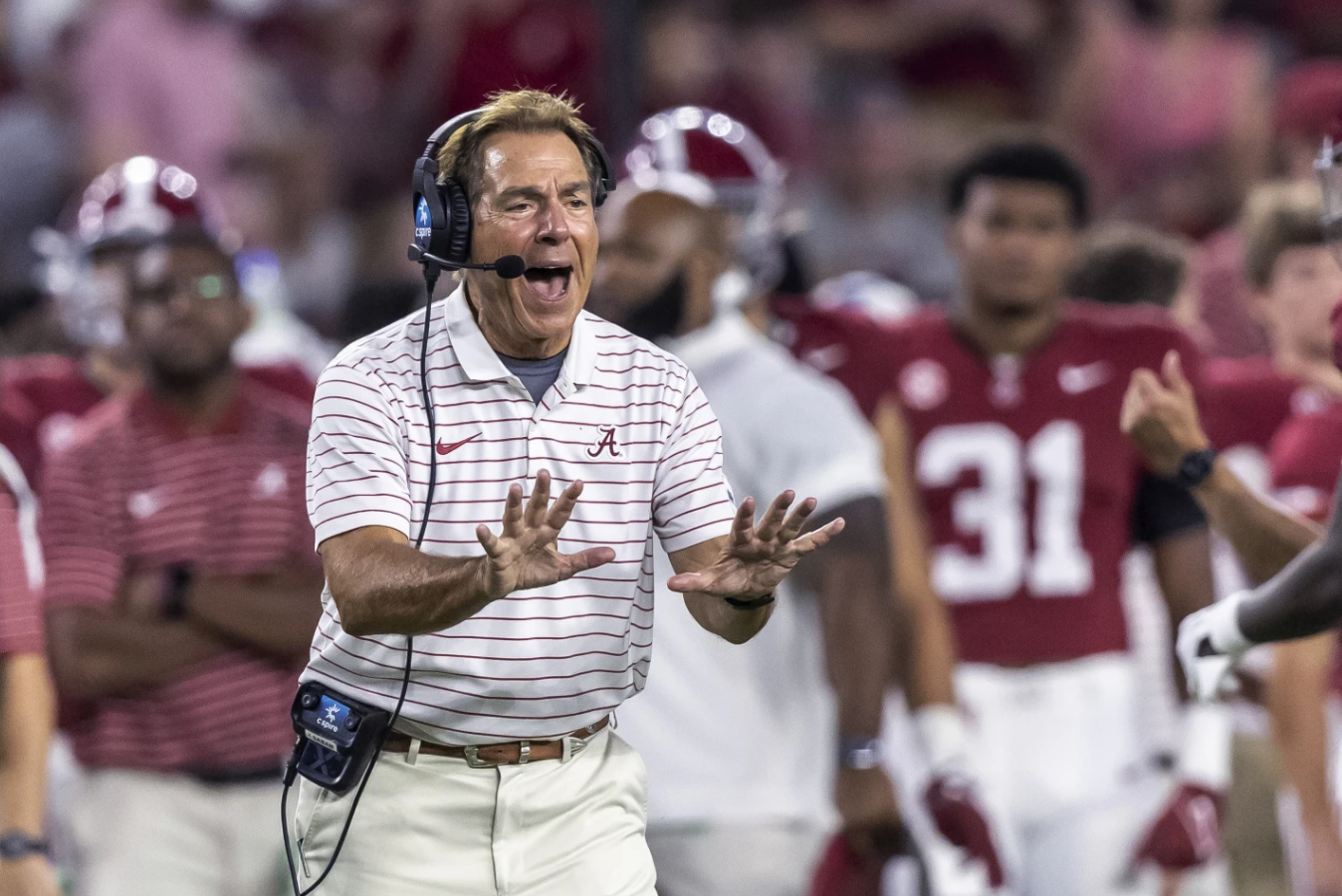Alabama coach Nick Saban argues a call during an NCAA college football game against Middle Tennessee, Saturday, Sept. 2, 2023 in Tuscaloosa, Ala.