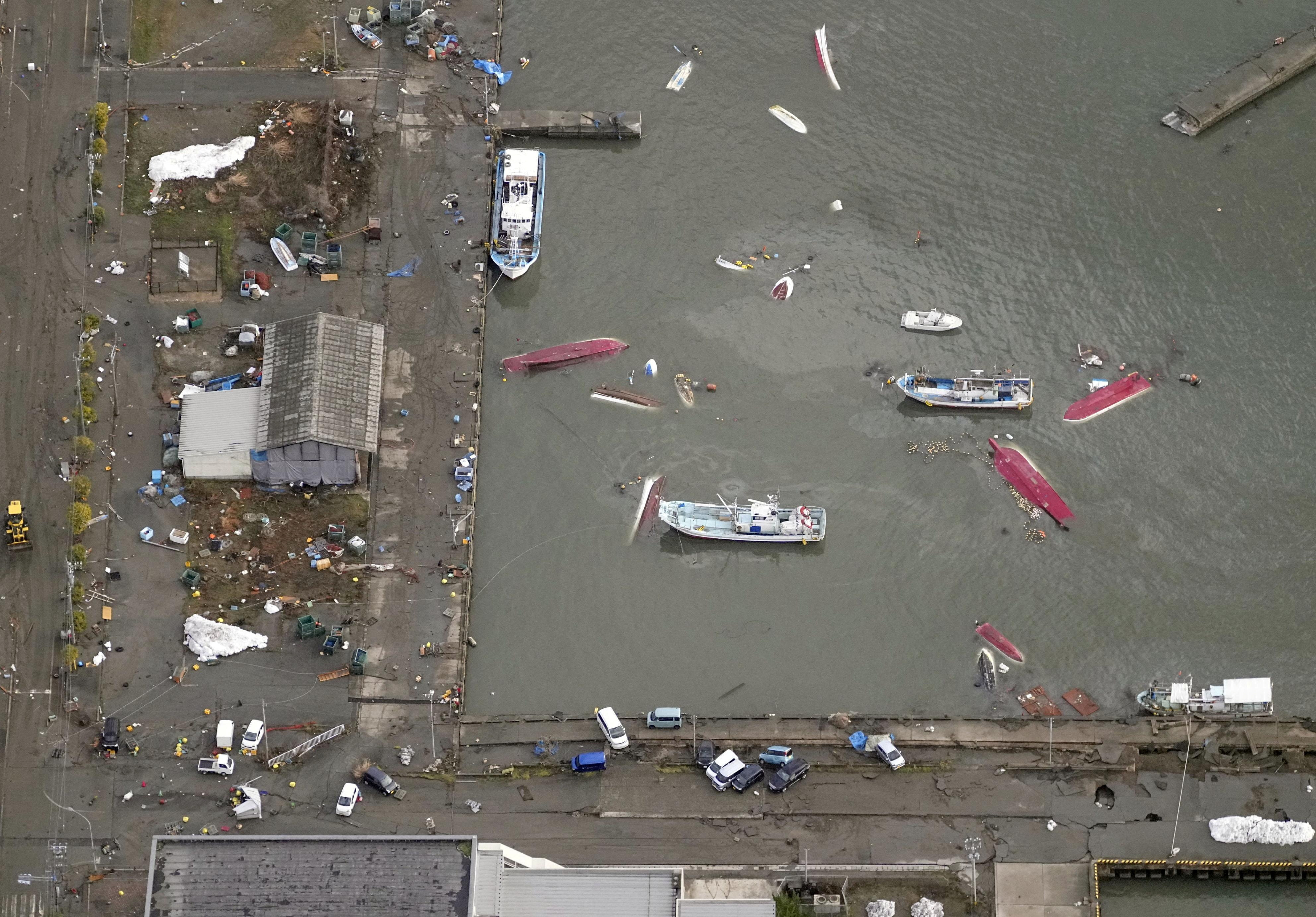 Tsunami devastated port is seen in Suzu, Ishikawa prefecture, Japan January 2, 2024, in this photo released by Kyodo. 