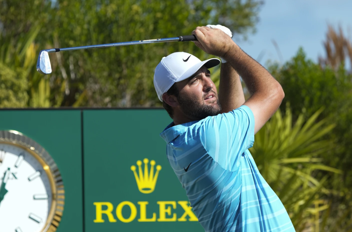 Scottie Scheffler of the United States watches his shot from the second tee during the final round of the Hero World Challenge PGA Tour at the Albany Golf Club in New Providence, Bahamas, Dec. 3, 2023.AP
