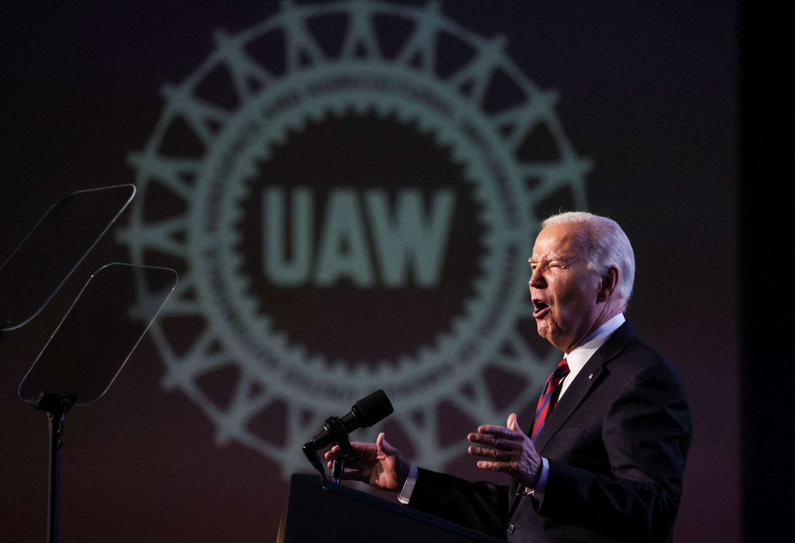 U.S. President Joe Biden speaks to United Auto Workers members after receiving the UAW's endorsement at their Community Action Program (CAP) legislative conference in Washington, U.S., January 24, 2024. 