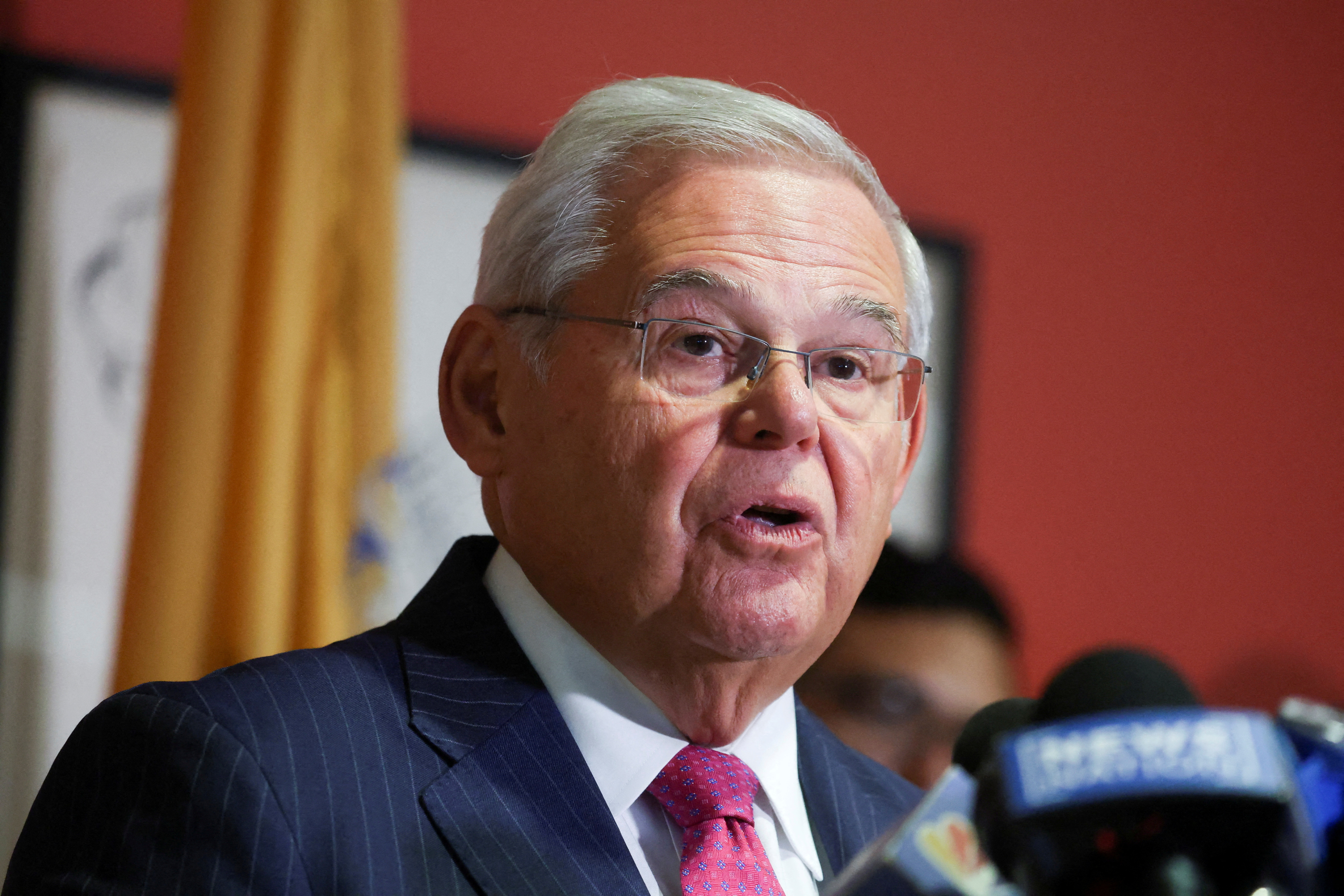 U.S. Senator Robert Menendez (D-NJ) delivers remarks, after he and his wife Nadine Menendez were indicted on bribery offenses in connection with their corrupt relationship with three New Jersey businessmen, in Union City, New Jersey, U.S., September 25, 2023. 