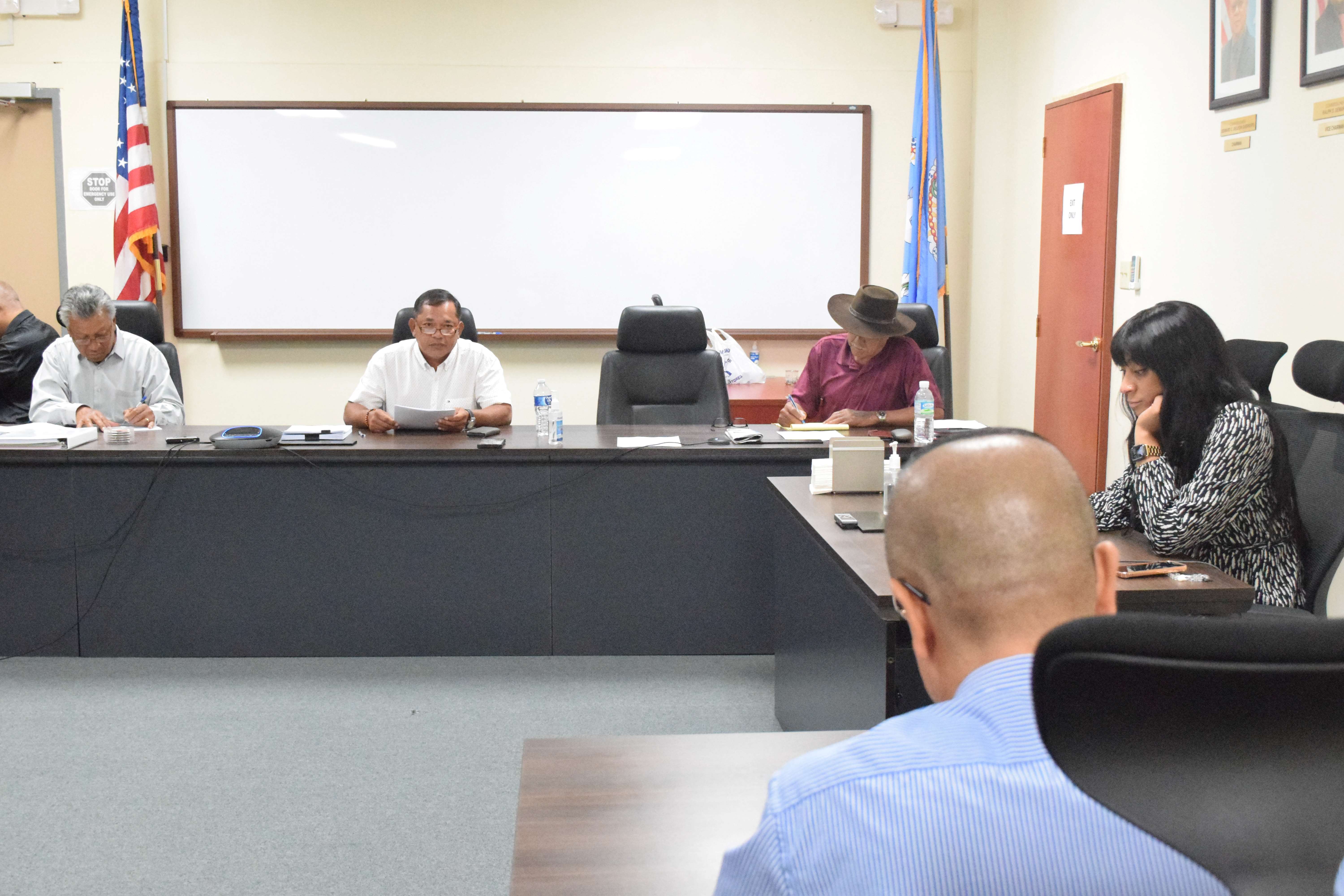 Commonwealth Casino Commission Vice Chairman Ralph S. Demapan, center, speaks during a meeting on Tuesday. Also in photo are the commission’s executive director, Andrew Yeom, back to the camera, Commissioners Martin Mendiola, Mario Taitano, Ramon Dela Cruz and Assistant Attorney General Keisha Blaise.