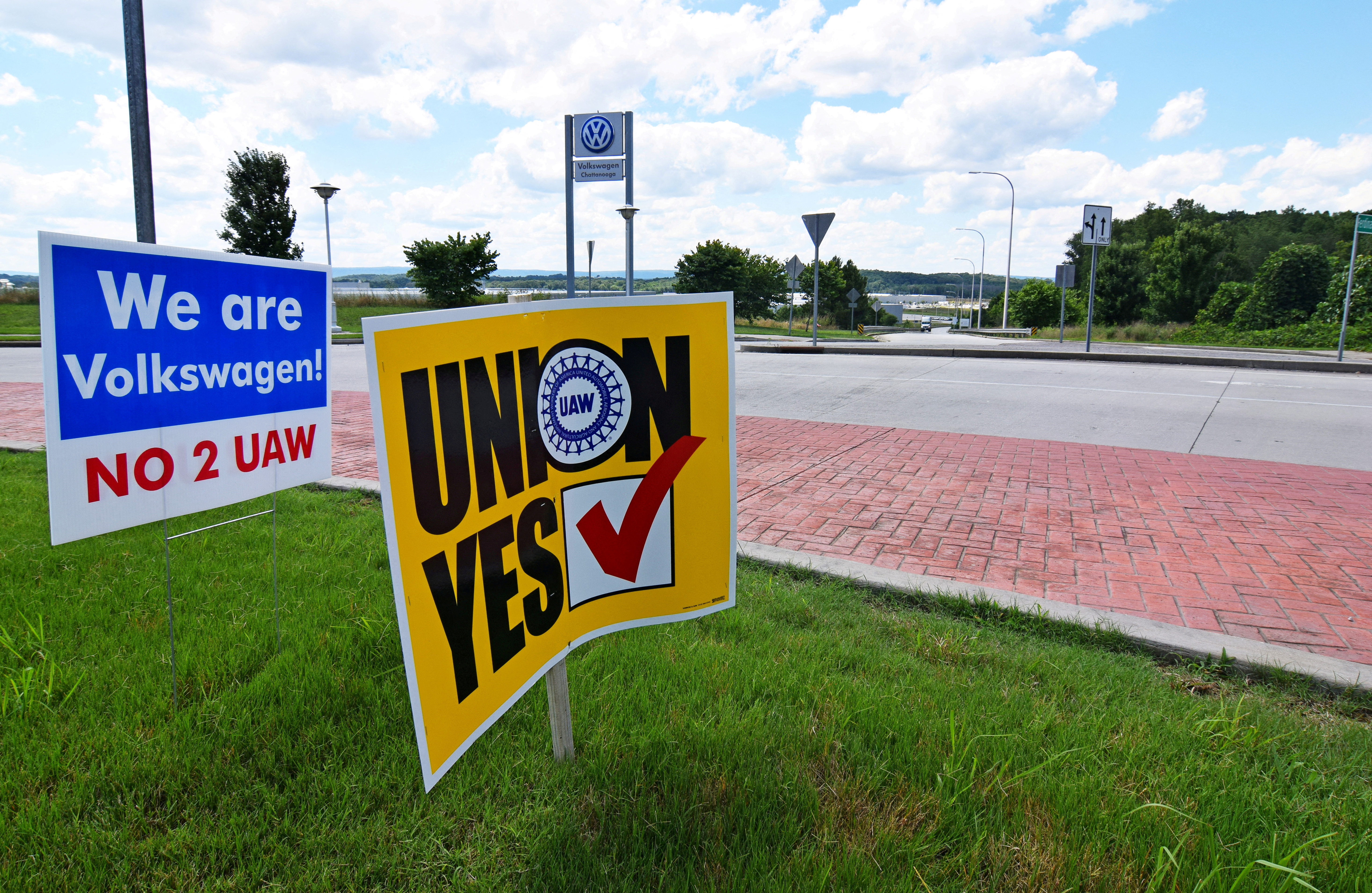 Signs stand outside a Volkswagen plant during a vote among local workers over whether or not to be represented by the United Auto Workers union in Chattanooga, Tennessee, U.S. June 13, 2019. 