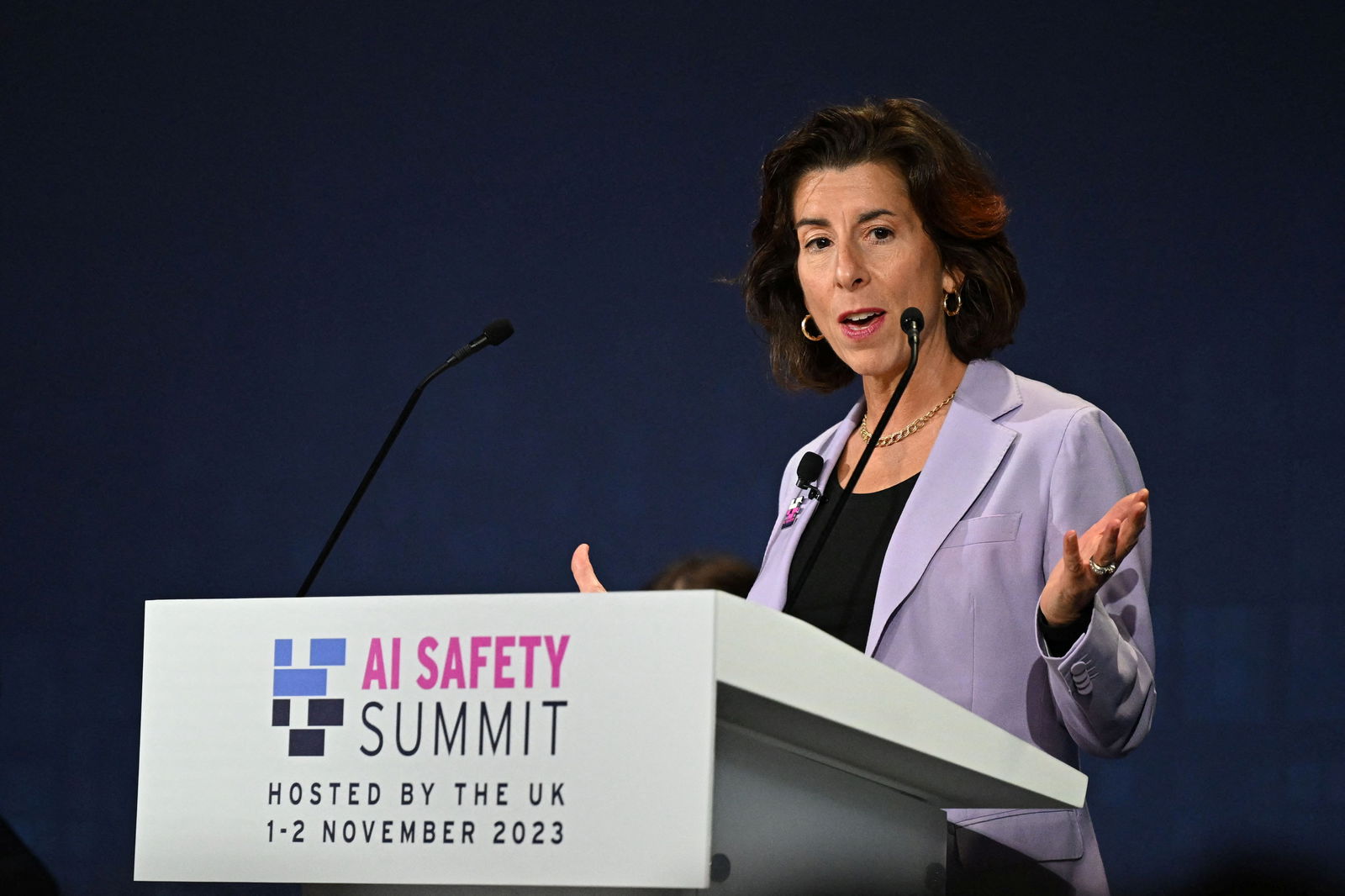 U.S. Commerce Secretary Gina Raimondo speaks on Day 1 of the AI Safety Summit at Bletchley Park in Bletchley, Britain on November 1, 2023.. 