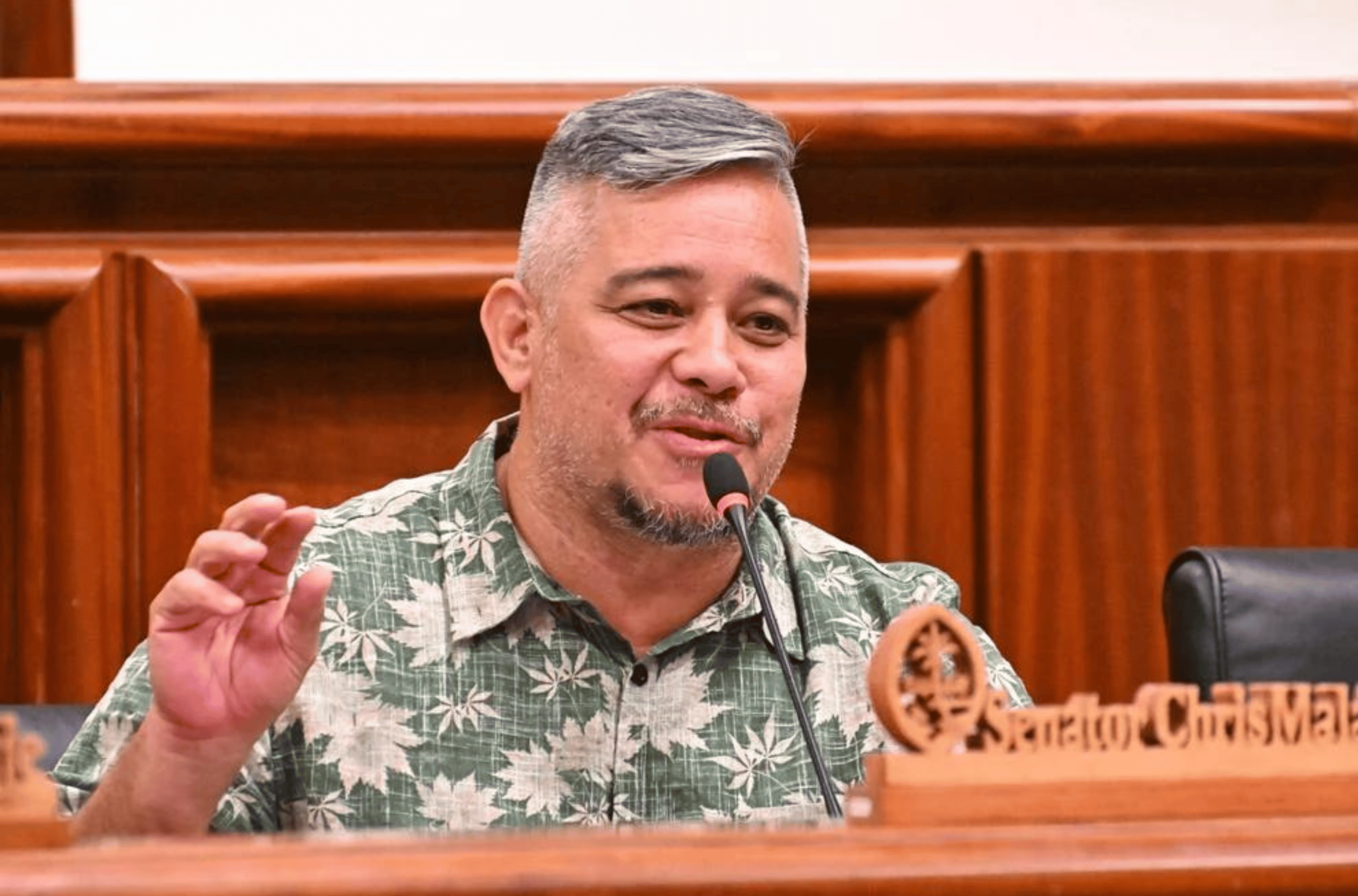 Sen. Chris Barnett asks questions Thursday, Nov. 16, 2023, in the Public Hearing Room of the Guam Congress Building in Hagåtña.