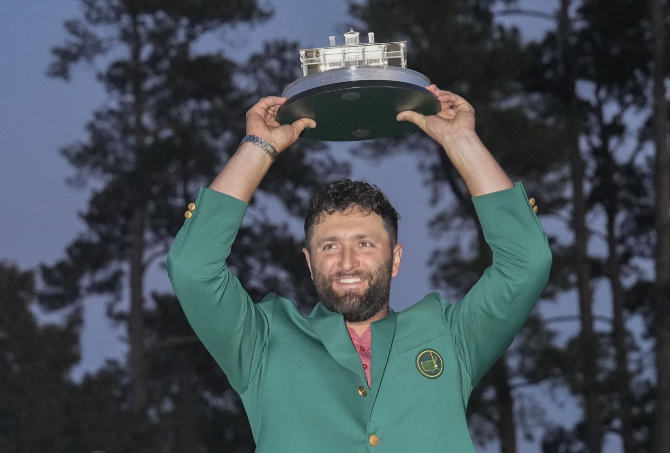 Jon Rahm of Spain holds up the trophy after winning the Masters golf tournament at Augusta National Golf Club on April 9, 2023 in Augusta, Ga.