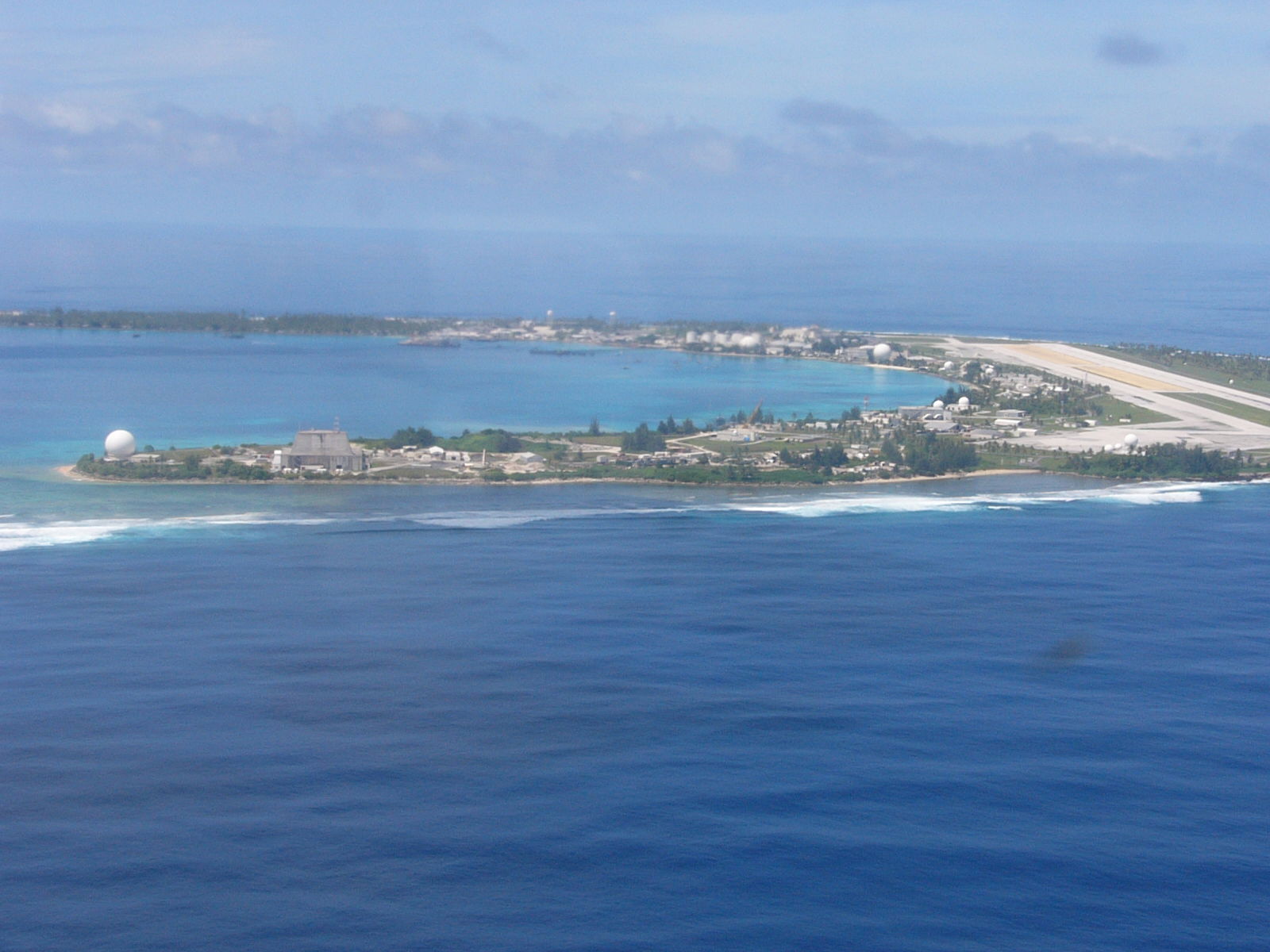Workers from Roi-Namur Island in the northern side of Kwajalein Atoll were evacuated Saturday to the base headquarters, pictured, after high waves flooded much of Roi-Namur, causing significant damage.
