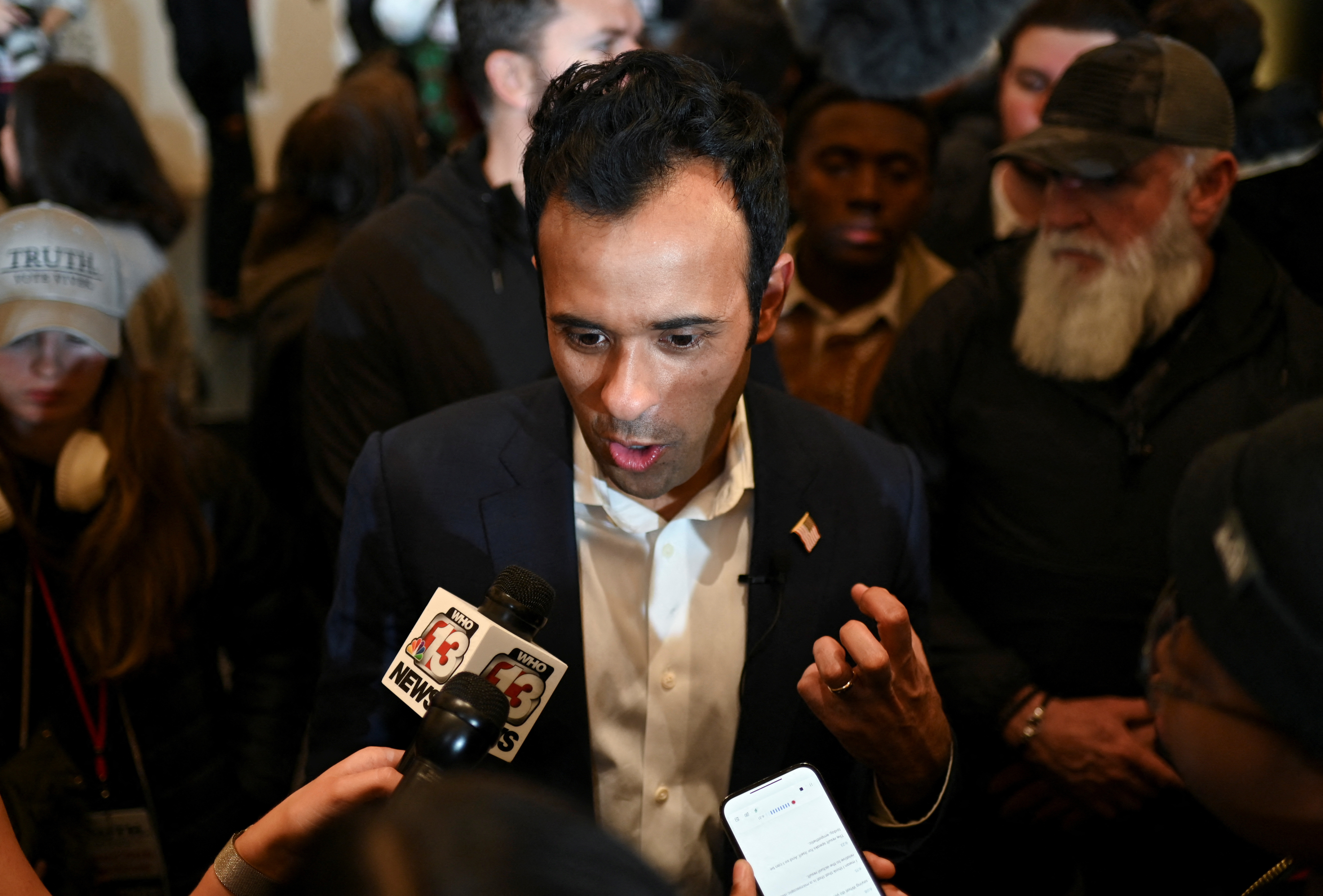 Republican presidential candidate and businessman Vivek Ramaswamy speaks to the media at his Iowa caucus night watch party after suspending his campaign and endorsing former U.S. President Donald Trump in Des Moines, Iowa, U.S. January 15, 2024. 