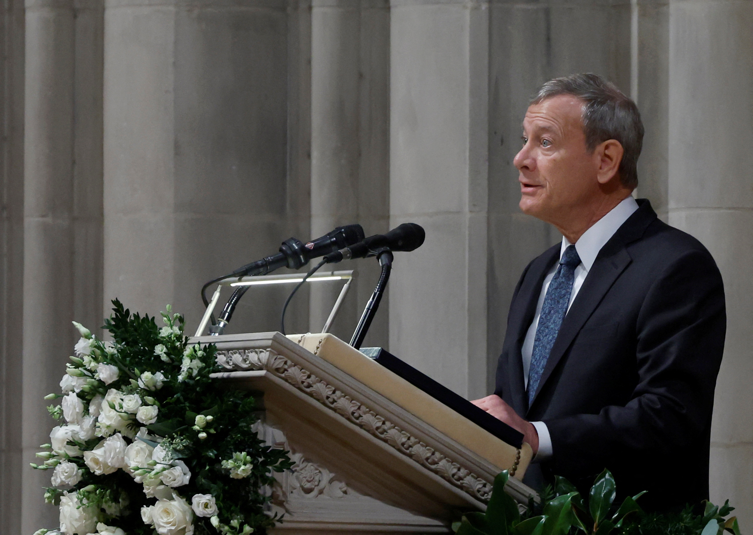 U.S. Chief Justice John Roberts speaks during the funeral service for retired U.S. Supreme Court Justice Sandra Day O’Connor at the Washington National Cathedral in Washington, U.S., December 19, 2023. 