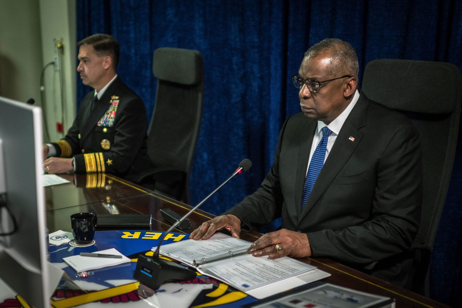 U.S. Secretary of Defense Lloyd J. Austin III participates in the Virtual Red Sea Security Summit at NAVCENT headquarters in Manama, Bahrain December 19, 2023. 