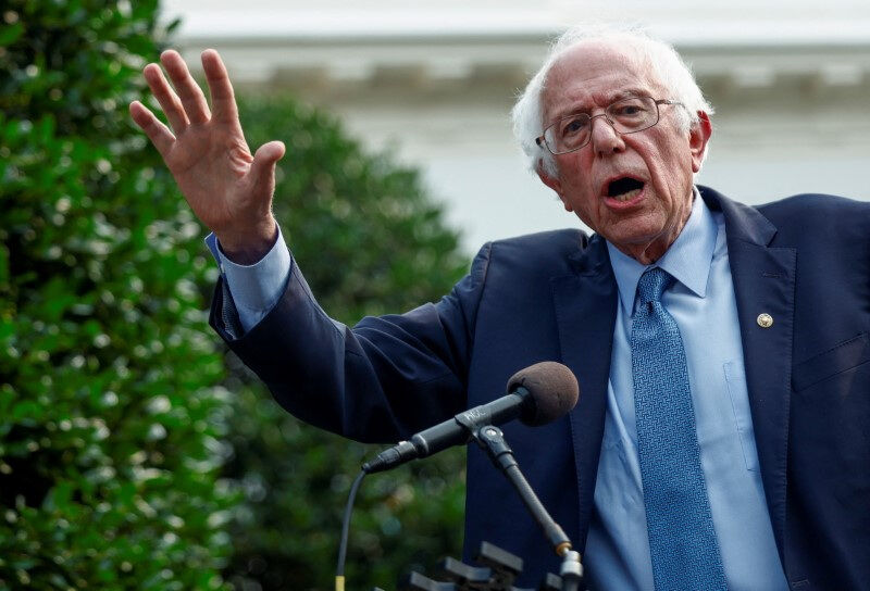 U.S. Senator Bernie Sanders (I-VT) speaks to the media following a meeting with U.S. President Joe Biden at the White House in Washington, U.S., July 17, 2023. 