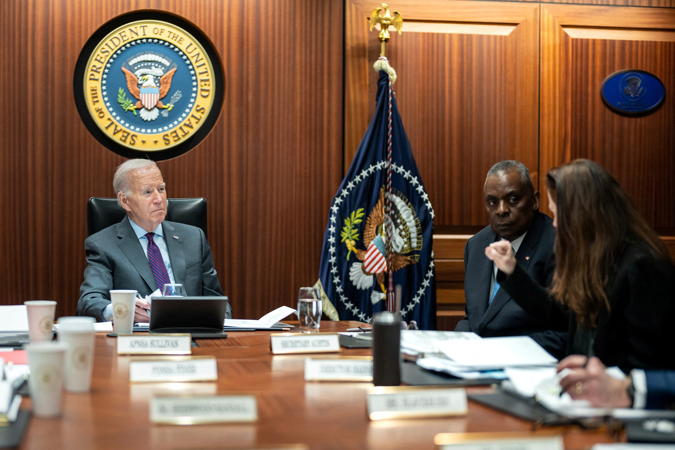 U.S. President Joe Biden is briefed on the deadly drone attack at a U.S. outpost in Jordan, by Director of National Intelligence Avril Haines, Secretary of Defense Lloyd Austin and other members of the national security team in the Situation Room at the White House in Washington, U.S. January 29, 2024. 