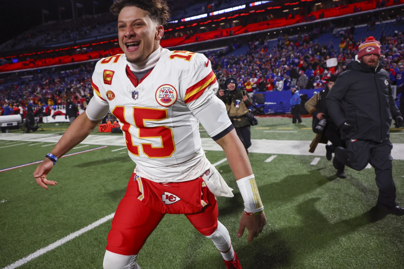 Kansas City Chiefs quarterback Patrick Mahomes reacts after beating the Buffolo Bills in an NFL AFC division playoff game, Sunday, Jan. 21, 2024 in Orchard Park, N.Y.