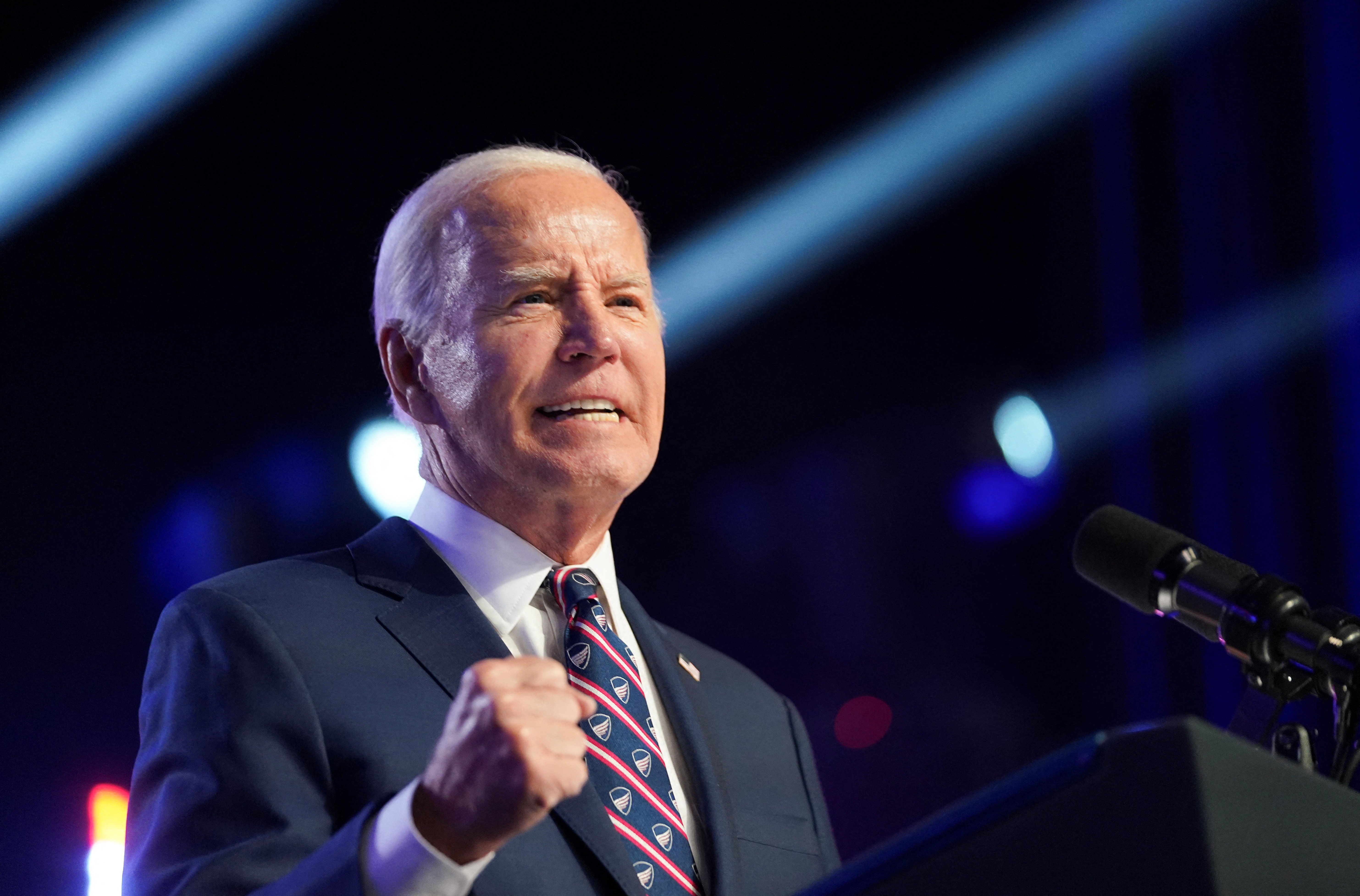 U.S. President Joe Biden delivers a speech to mark the third anniversary of the January 6, 2021 attack on the U.S. Capitol at a campaign event at Montgomery County Community College, in Blue Bell, near Valley Forge, Pennsylvania, U.S., January 5, 2024. 