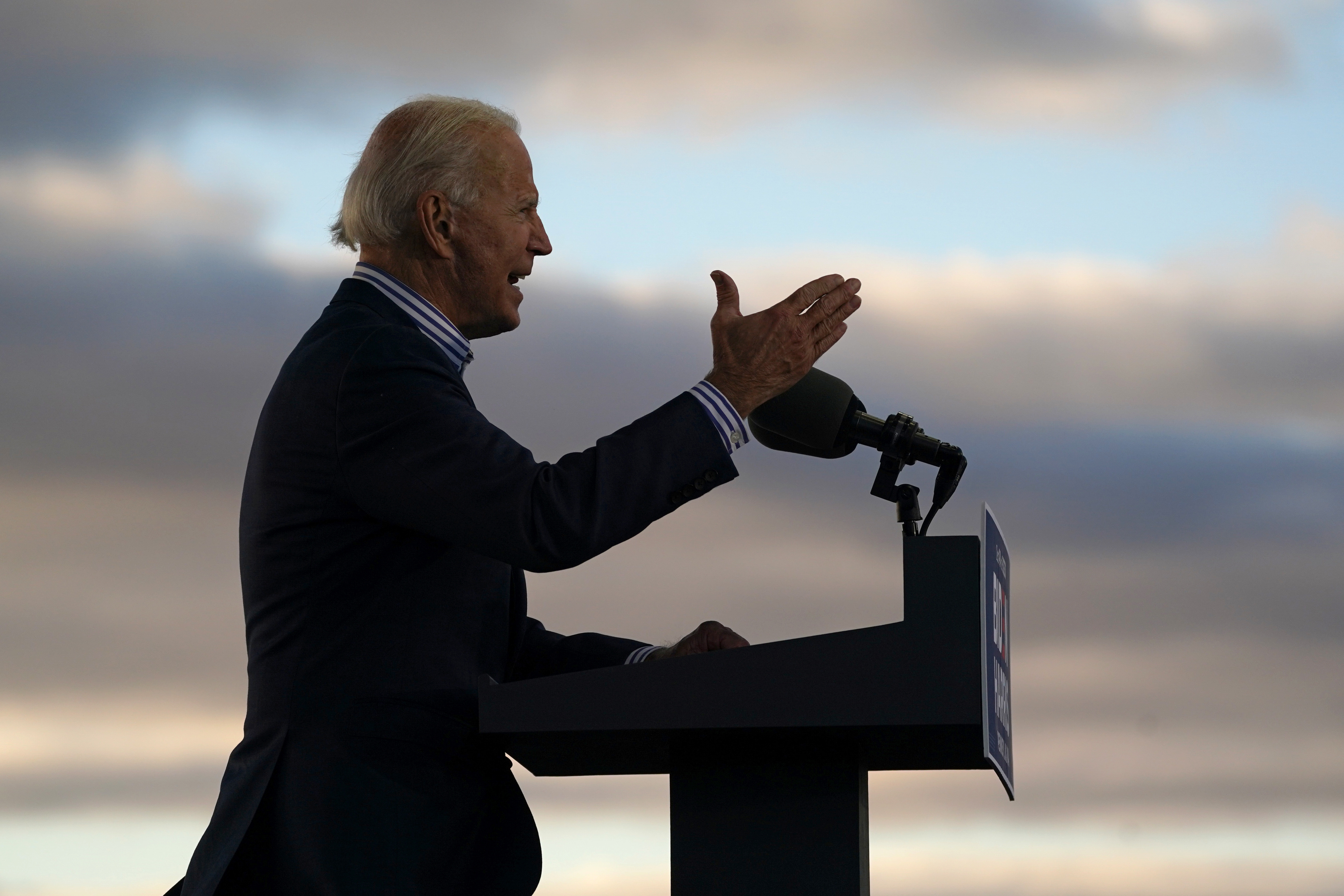 U.S. Democratic presidential candidate Joe Biden speaks during a drive-in campaign event at Dallas High School in Dallas, Pennsylvania, U.S., October 24, 2020. 